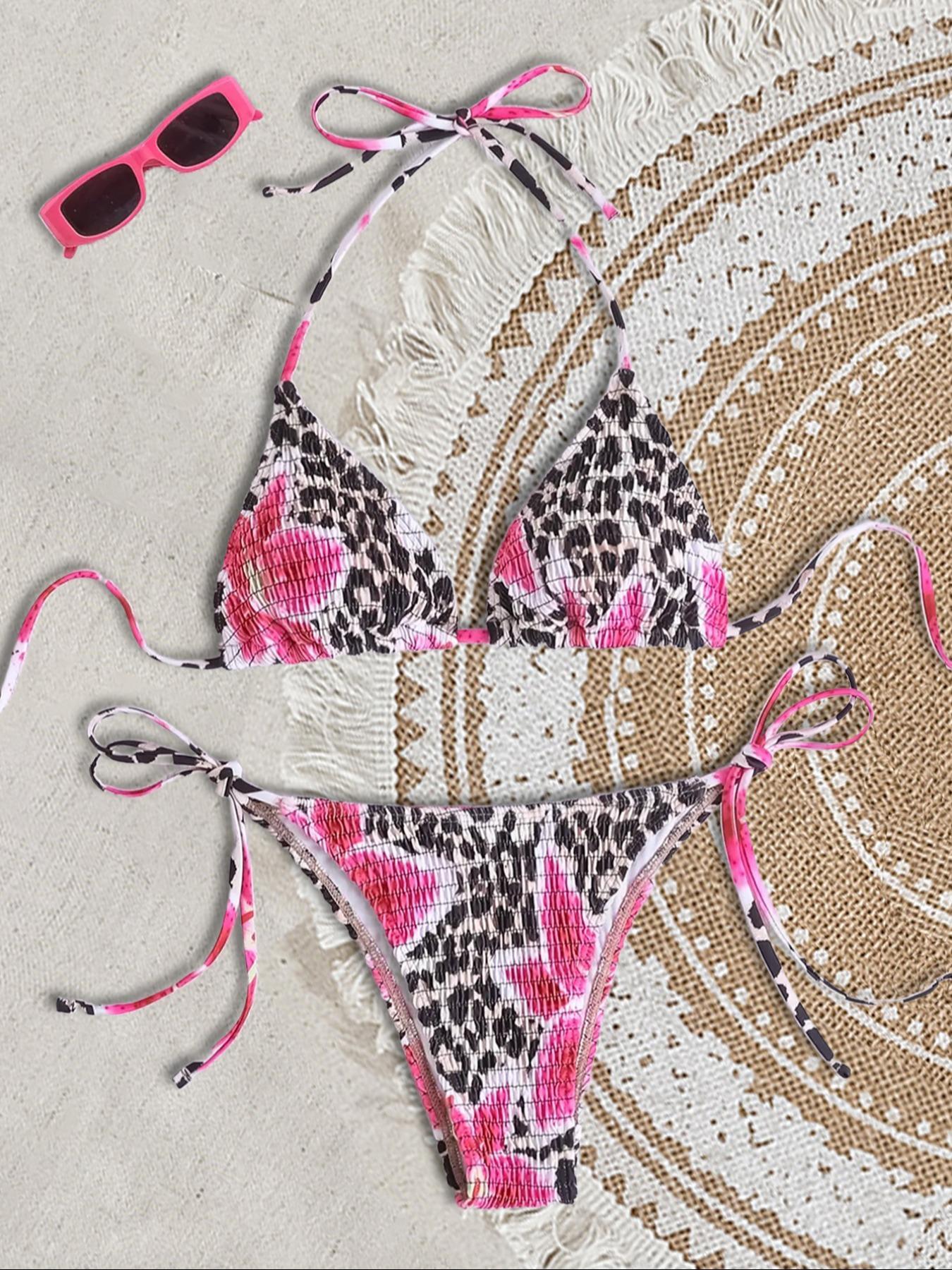 Two-Piece Set Women's Leopard Print Textured Bikinis Set, Casual Halter Triangle Bra & Tie Side Panty, Summer Beach Holiday Vacation Swimwear Set for Women, Halter Bikini Swimsuit, Swimsuit Style Bikini