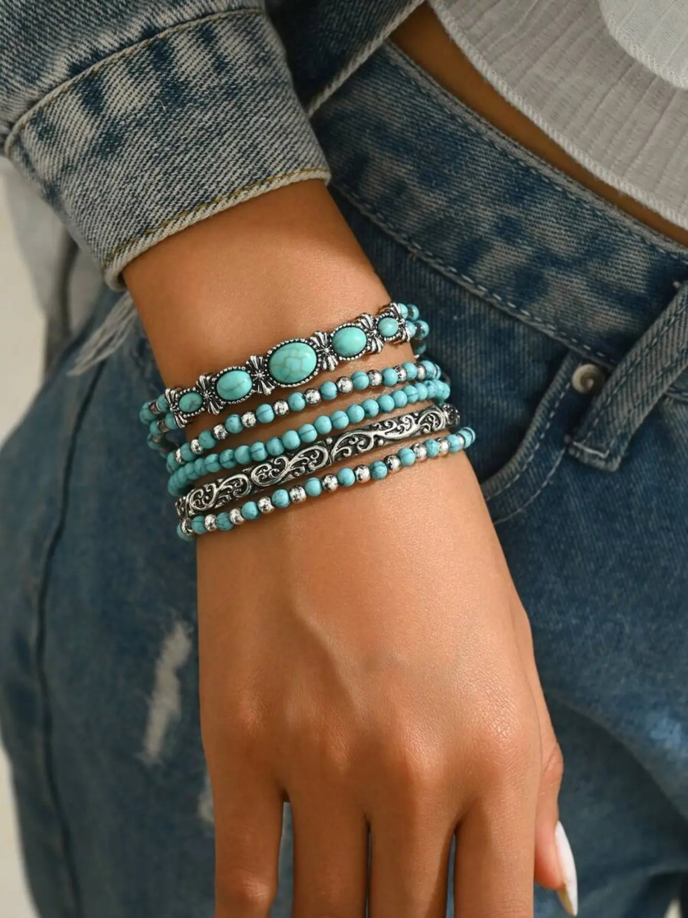 Western Cowboy Style Vintage Stackable Beaded Boho Style Bracelet Set, 5 Pcs Unisex Elastic String Jewelry for Daily Wear, Suitable for Men and Women, Beaded Bracelet Sets