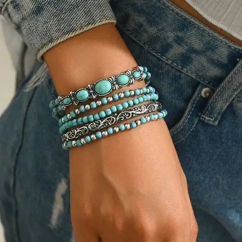 Western Cowboy Style Vintage Stackable Beaded Boho Style Bracelet Set, 5 Pcs Unisex Elastic String Jewelry for Daily Wear, Suitable for Men and Women, Beaded Bracelet Sets #GLOBAL PICKS