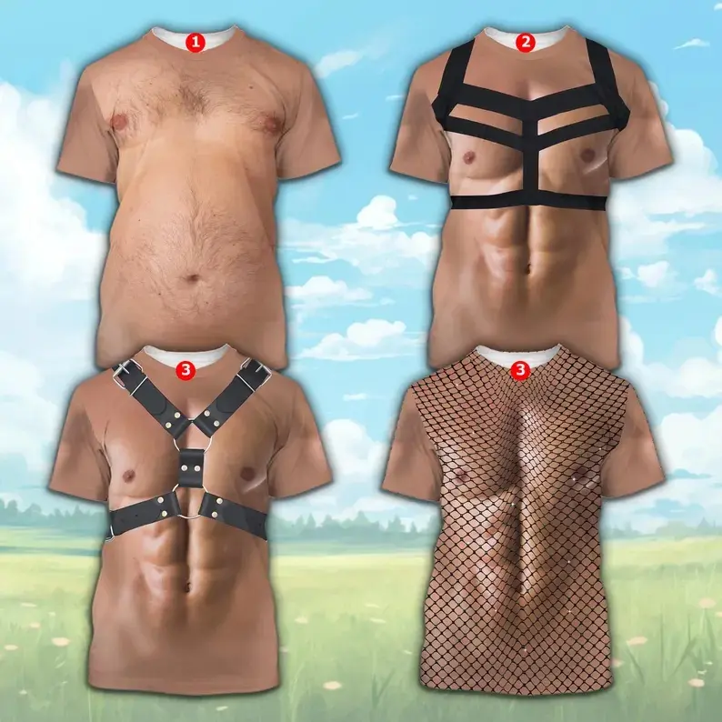 Strong Muscle Man Costume All Over Print Shirt, Realistic Chest & Six-Pack Abs Shirt For Men, Hairy Belly Gag Gift, Funny Halloween Costume