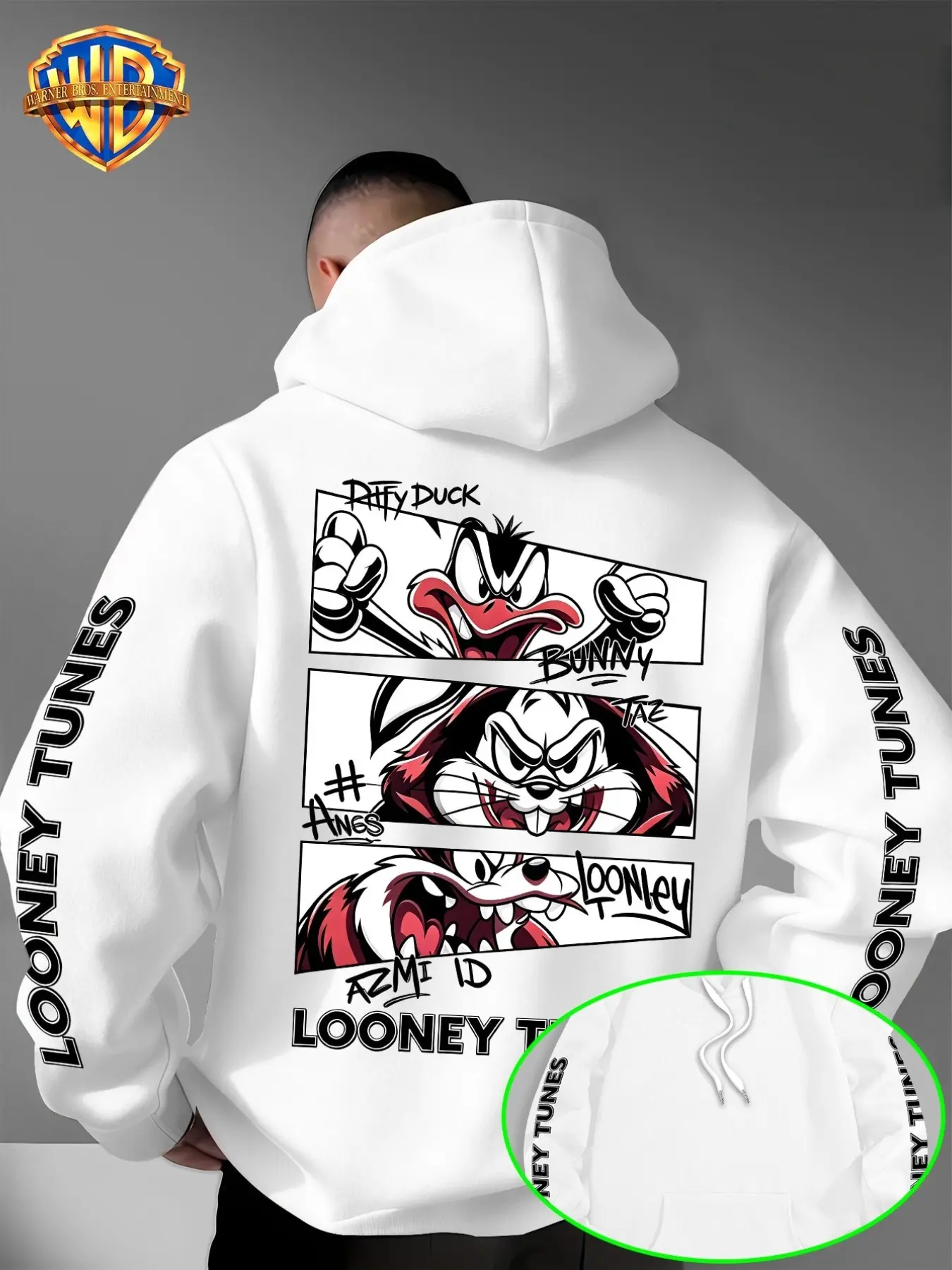 Warner Bros Men's Looney Tunes Hoodie, Vintage Cartoon Streetwear, Casual Loose-Fit Sweatshirt, All over Print, Plain Surface