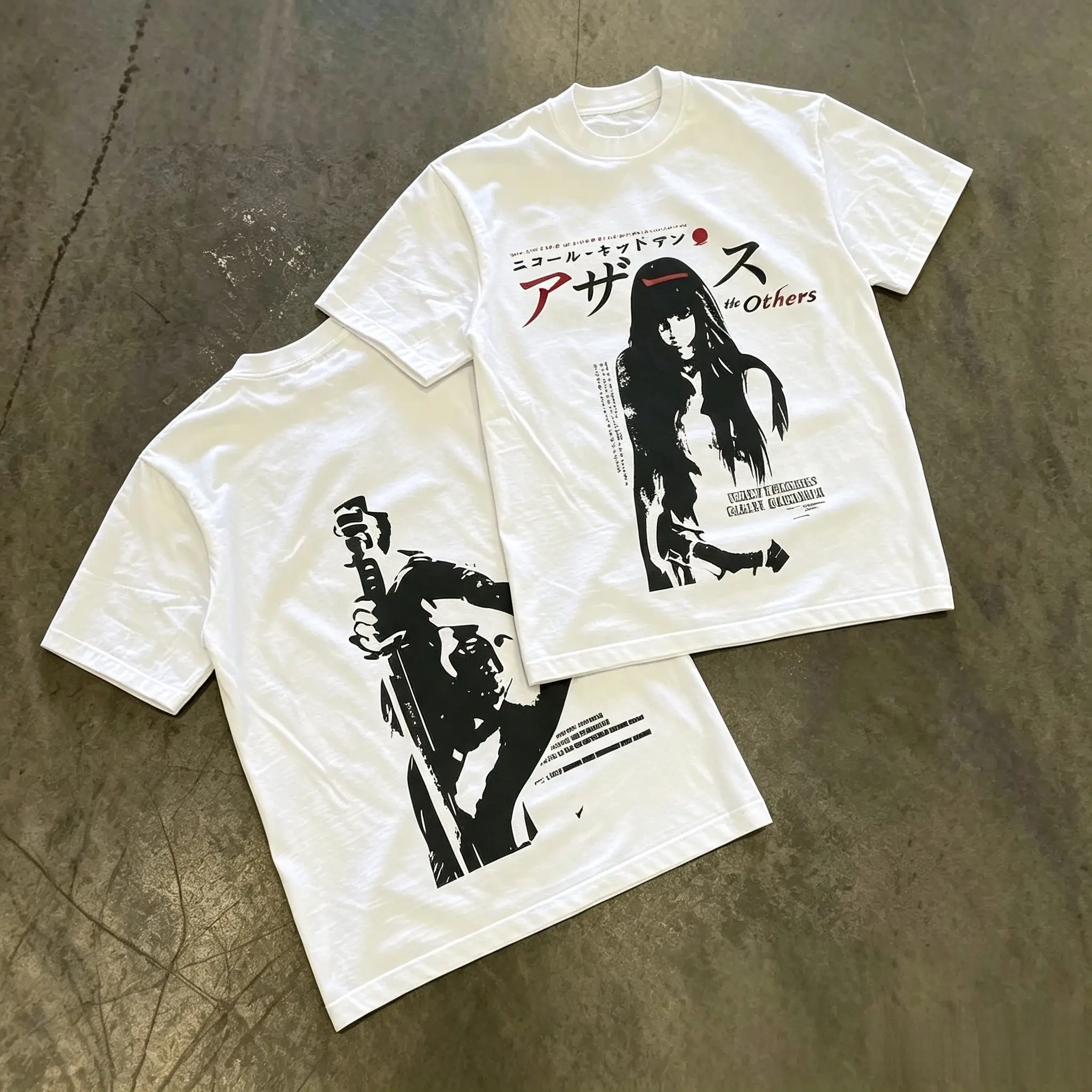 Menswear Short-Sleeve Round Neck Cotton T-Shirt - Kill Bill Vintage Double-Sided Print, Japanese Samurai Bride Graphic, Kanji Letters, White Oversized Casual Loose-Fit Retro 90s Movie Streetwear, Gothic Harajuku Merch Gift for Film Fans Unisex Top, Shorts
