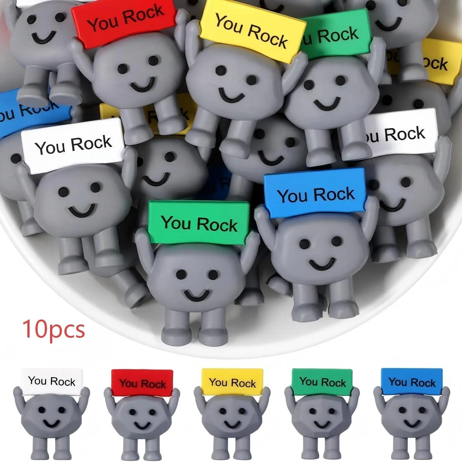 10 Mini Rubber Rock Statues, Plastic Figurines, Decorative Figurine, You Rock Toys Positive Gifts, Inspirational Desk Decor, Birthday Motivational Gift for Colleagues Teachers, Decoration Items