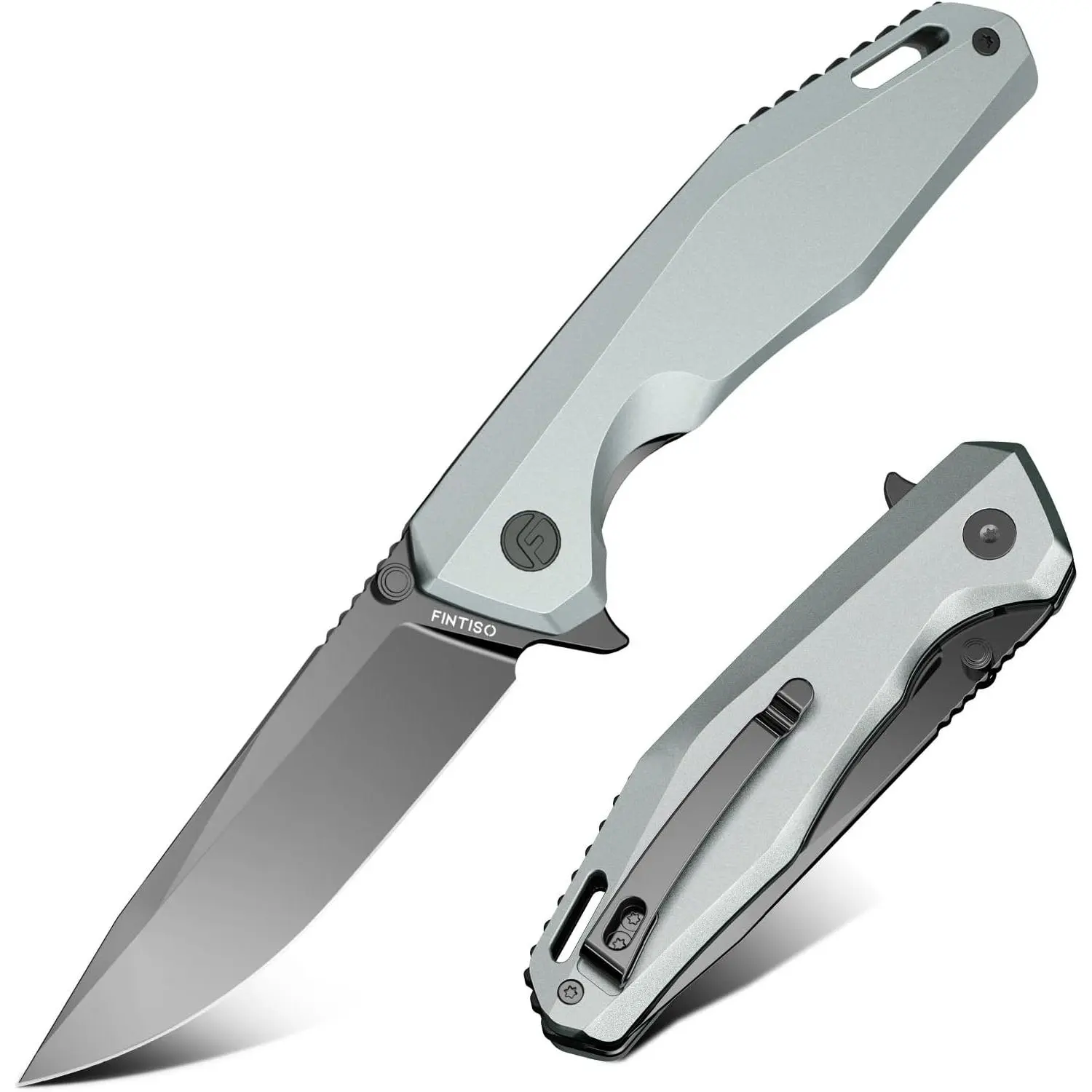 FINTISO Odyssey Classic Compact Stainless Steel EDC Utility Knife - 3.22" Folding Pocket Knife with 14C28N Blade, Gray Aluminum Alloy Handle, Pocket Clip for Men - Ideal for Camping, Hiking, Edc Utility Knives
