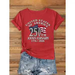 USA 250th Anniversary T-Shirt 1776-2026 - Soft Stretchy Round Neck Short Sleeve Top with Flag & Betsy Ross Suitable for 4th of Parties, Casual Wear, Machine Washable Gift for History Celebration