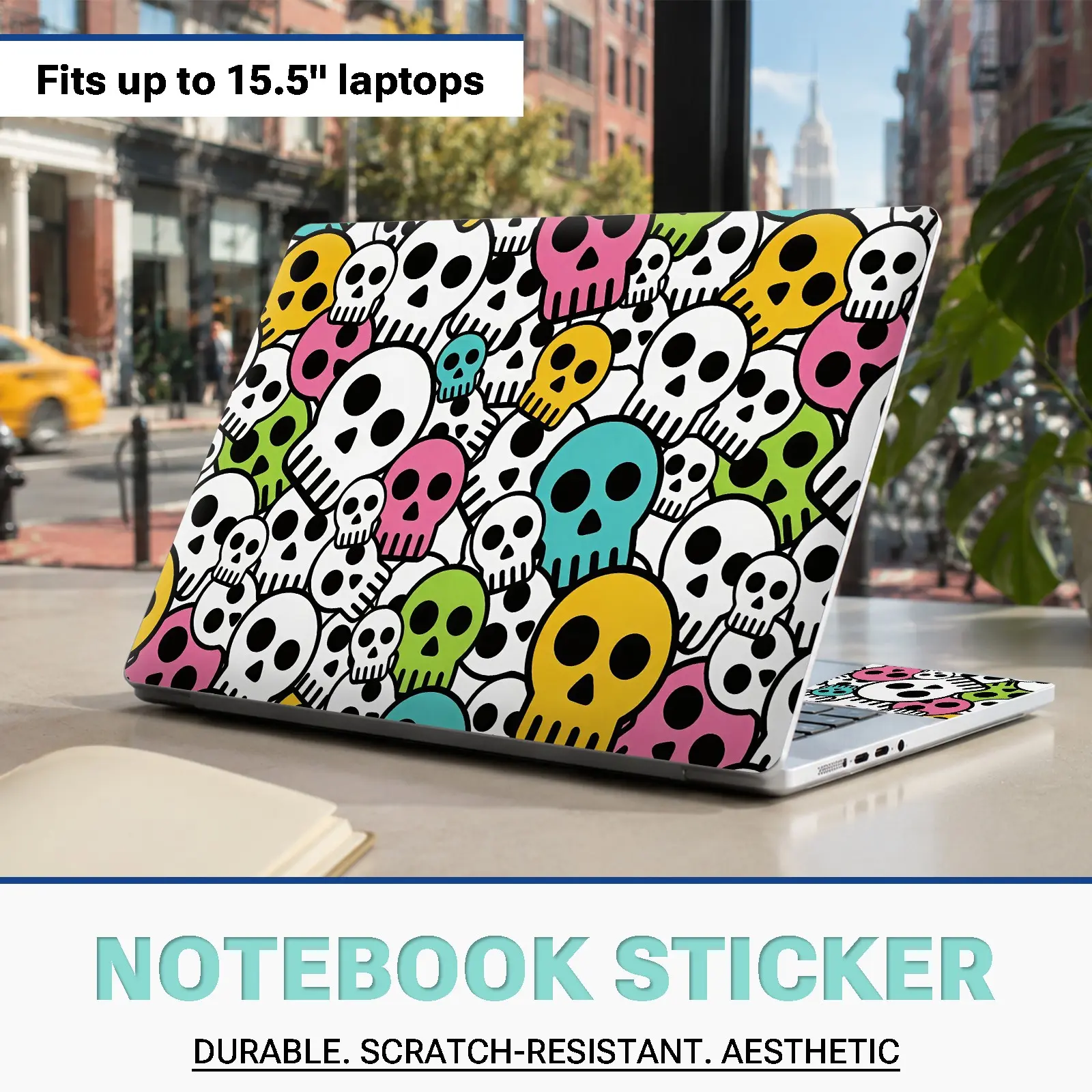 Colorful Cartoon Skull Graffiti Laptop Sticker Set, 3-Piece Kit for 13-15.5 Inch Laptops, Scratch-Resistant, No Residue, Universal Fit