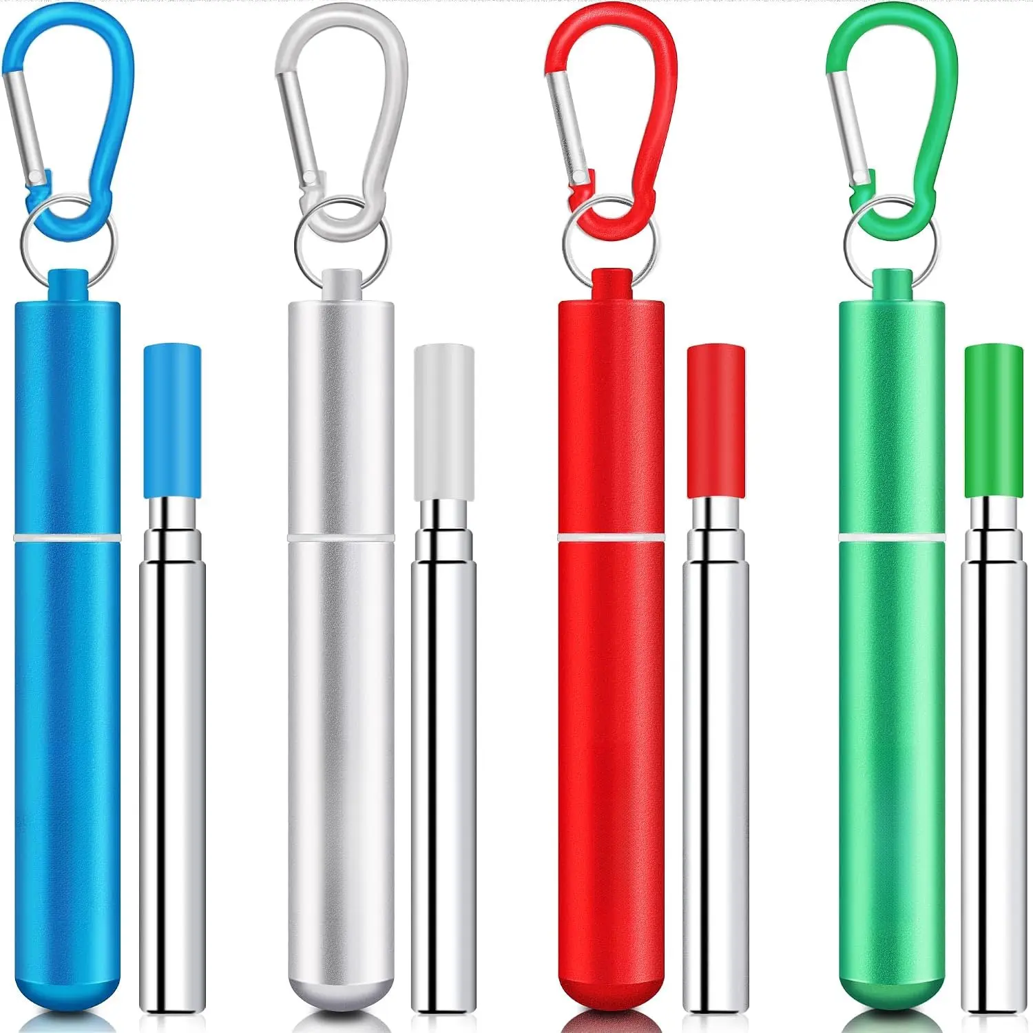 4-Pack Collapsible Stainless Steel Drinking Straws - Cruise Ship Essentials, Travel Ready, Includes Case, Brush, Keychains, Carabiner Hook - Blue, Red, Green - Ideal for Thanksgiving, Christmas
