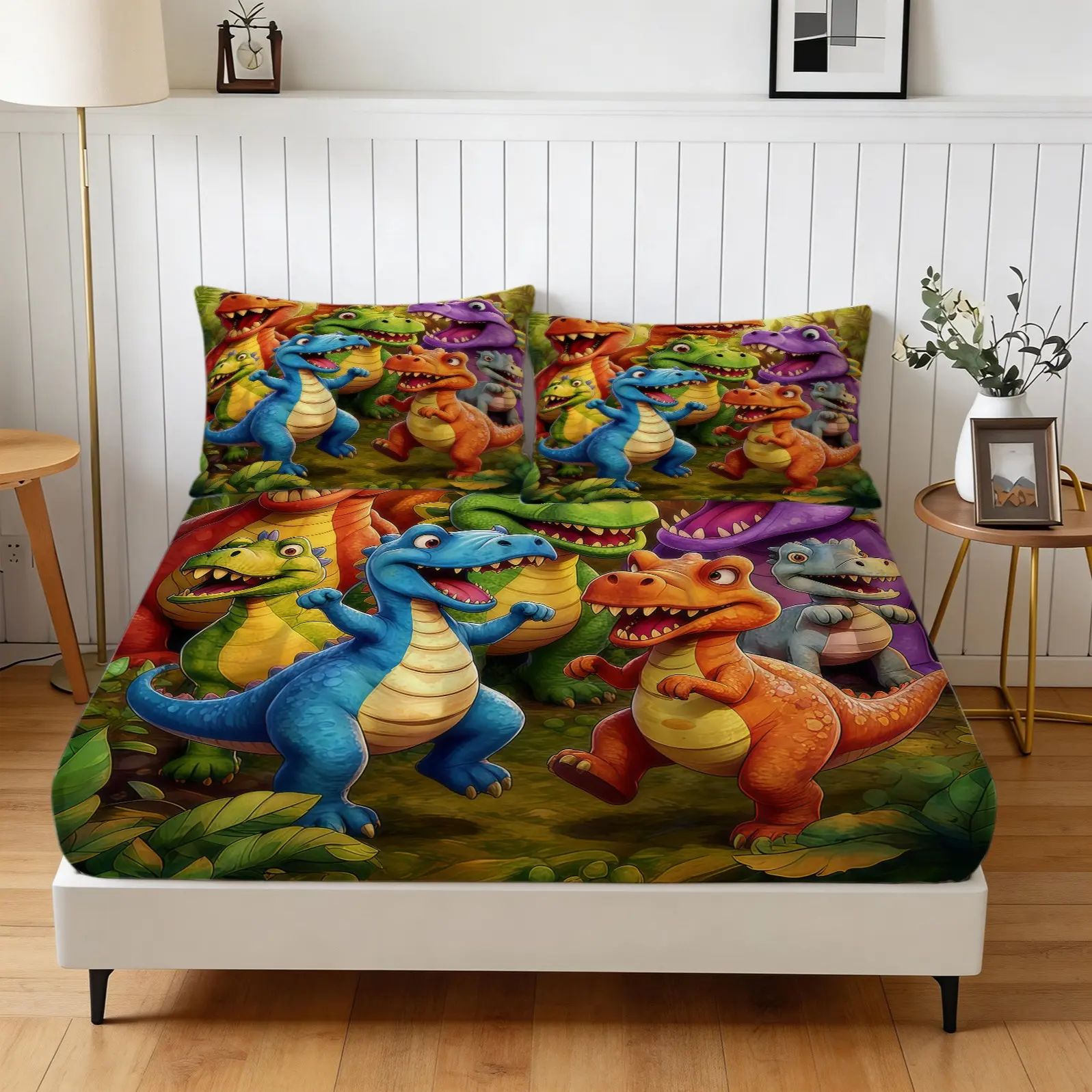 3-Piece Dinosaur Patterned Bed Sheet Set, Soft And Comfortable Bedding Set, Including 1 Bed Sheet And 2 Pillowcases (Excluding Pillow Core), Suitable For Teenagers And Adults, Bedroom, Apartment, Guest Room, Dormitory Scenes