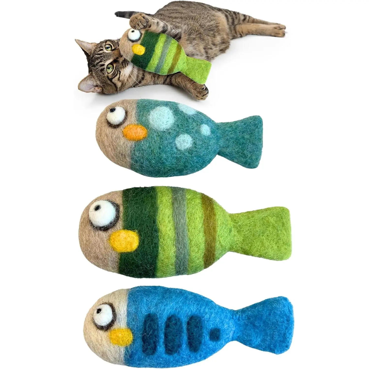 Woolbuddy Felted Wool Cat Toys – 3 Fish Kick Toys for Indoor Cats, Catnip-Free & Durable
