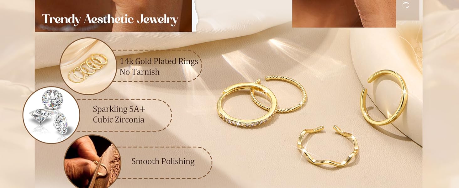 Gold Stackable Rings for Women Non Tarnish Open Adjustable Rings Cubic Zirconia Thin Thumb Silver Ring Set 14K Gold Filled Pinky Knuckle Stacking Set - Dainty Statement Promise Band Ring Sets