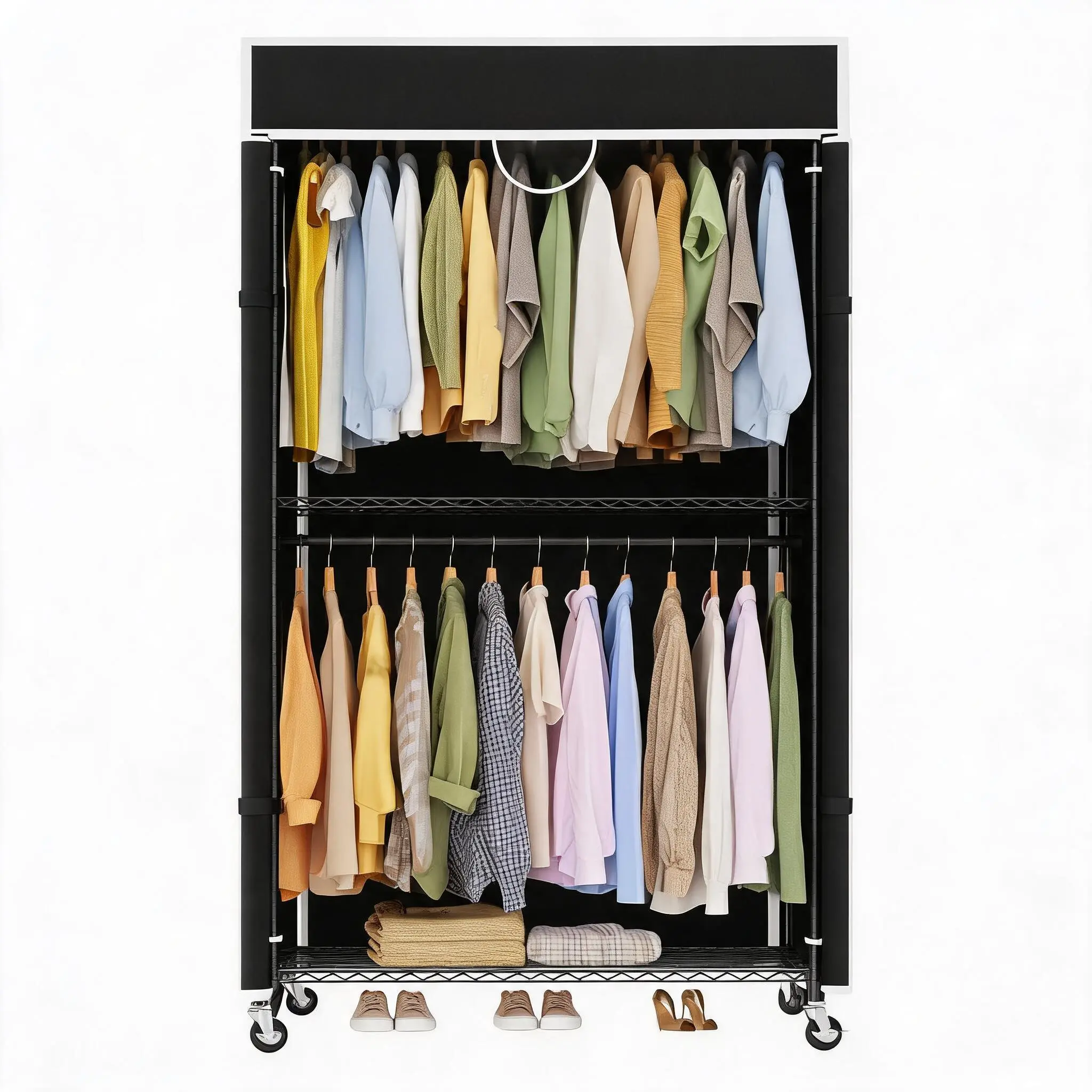 Heavy Duty Portable Closet with Cover, Rolling Wardrobe Rack for Bedroom Apartment Dorm, 485lbs Capacity, Zippered Dustproof Cover, Adjustable Shelves, Metal Clothes Organizer