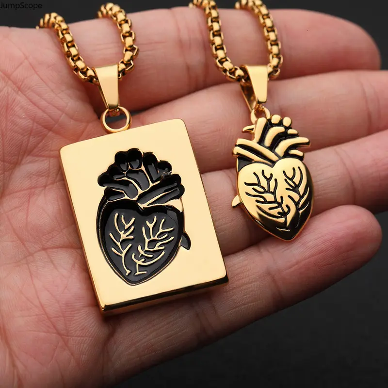 2-Pcs Unisex Gold Silver Stainless Steel Anatomical Heart Matching Sets Necklaces - Gothic Punk Hollow Tags, Rectangle Pendant Box Chain Jewelry for Valentines Promise Gift, Box Chain Fit