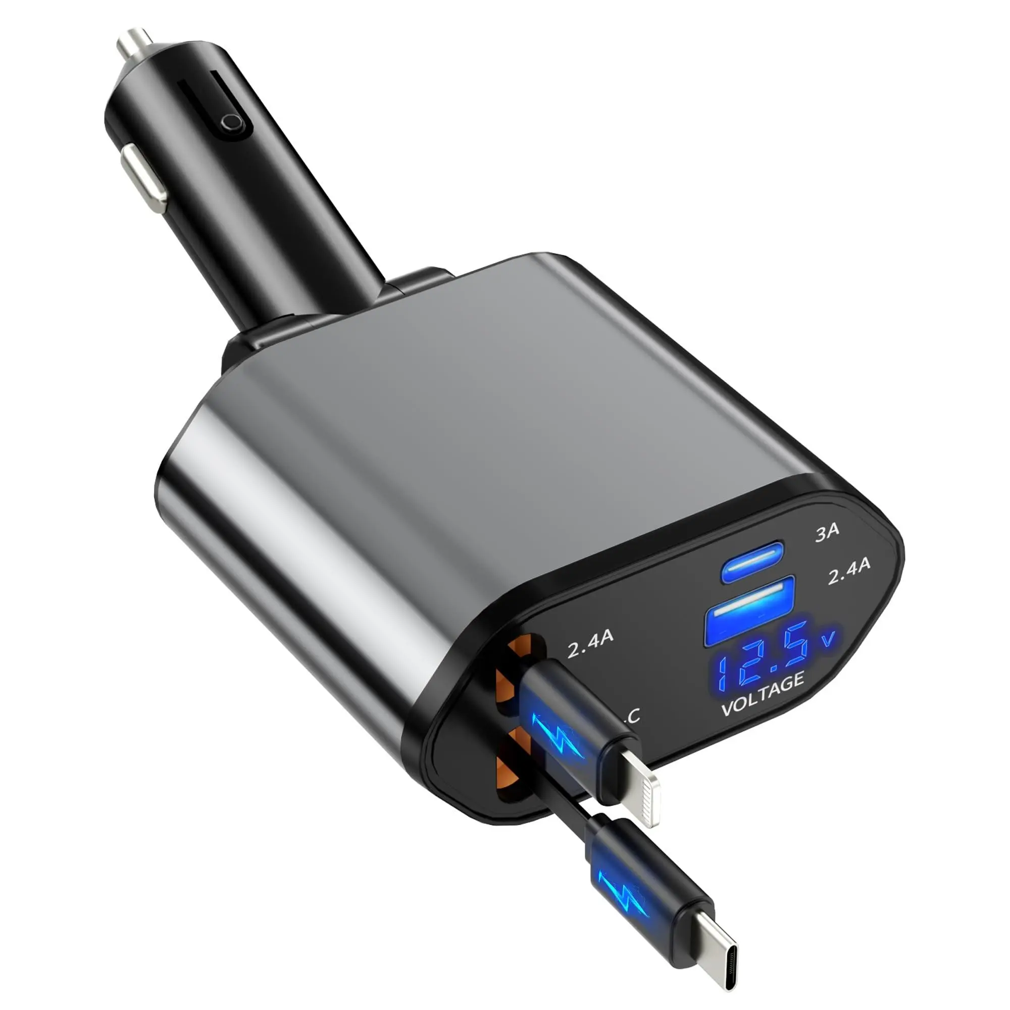 20W Fast Charging Supported USB Car Charger - 4-in-1 Multiport Vehicle Charger, Retractable Cable, Universal Charging Solution, Portable Travel Essential for Men