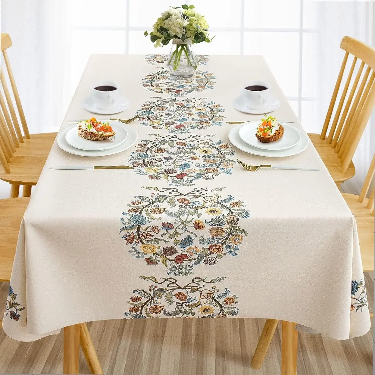 Waterproof Vinyl Tablecloths, Heavy Duty Oil Proof Spill Proof Plastic Table Cloth, Wipe Clean PVC Table Cover for Spring Indoor and Outdoor Use (Embroidery Flower, 54”×78”, Rectangle)