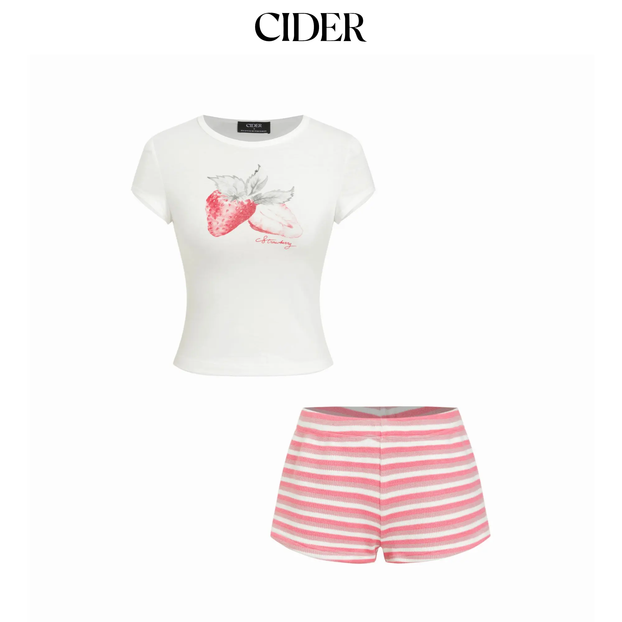 Cider Strawberry Graphic Round Neck Tee and Striped Shorts Set