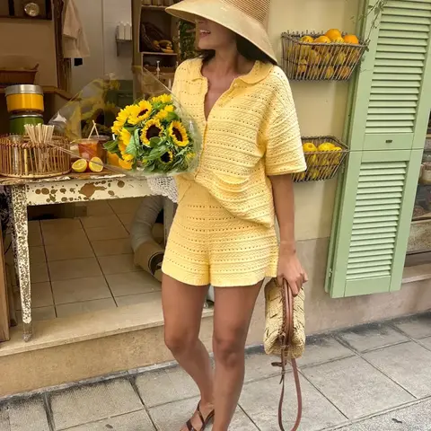Women‘s Vacation-Ready Textured & Openwork Knit Set, Short-Sleeve Pockets Collared Polo Cardigan & Relaxed Loose Fit Elastic Waist Shorts Two-Piece Set, Chic Casual Comfortable Resort Wear, Womenswear, Clothes.