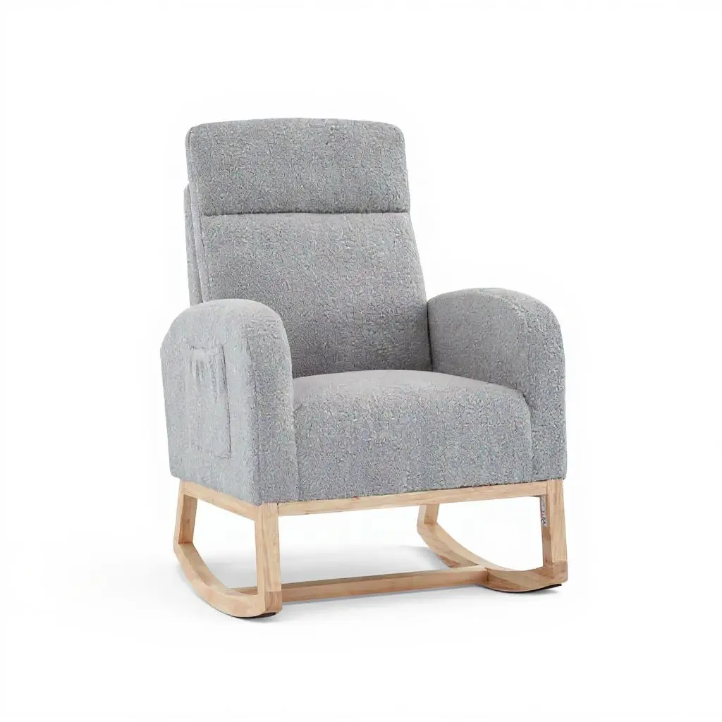 GARVEENursery Wingback Rocking Glider Chair with Tall Back, Upholstered Accent Rocker, Side Pocket, and Rubber Wood Legs, Available in Beige and Grey for Living Room
