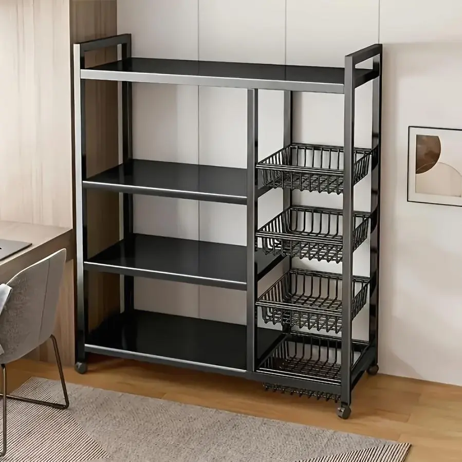 1pc Adjustable Height Metal Frame Movable Storage Rack with Baskets & Wheels, Kitchen Organization Solution, Standing Utility Rack for Garage, Pantry, Warm House/New Home Gift