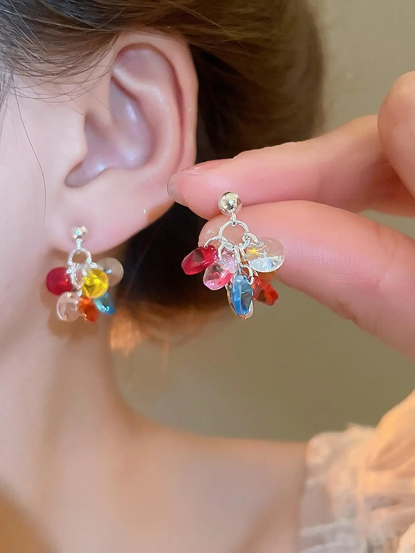 woman's for earings Silver Color Multi-Color Rainbow Faceted Crystal Dangle Stud Earrings, Hypoallergenic, Party Style, Teen Girls Beach Daily Wear Fashion Jewelry