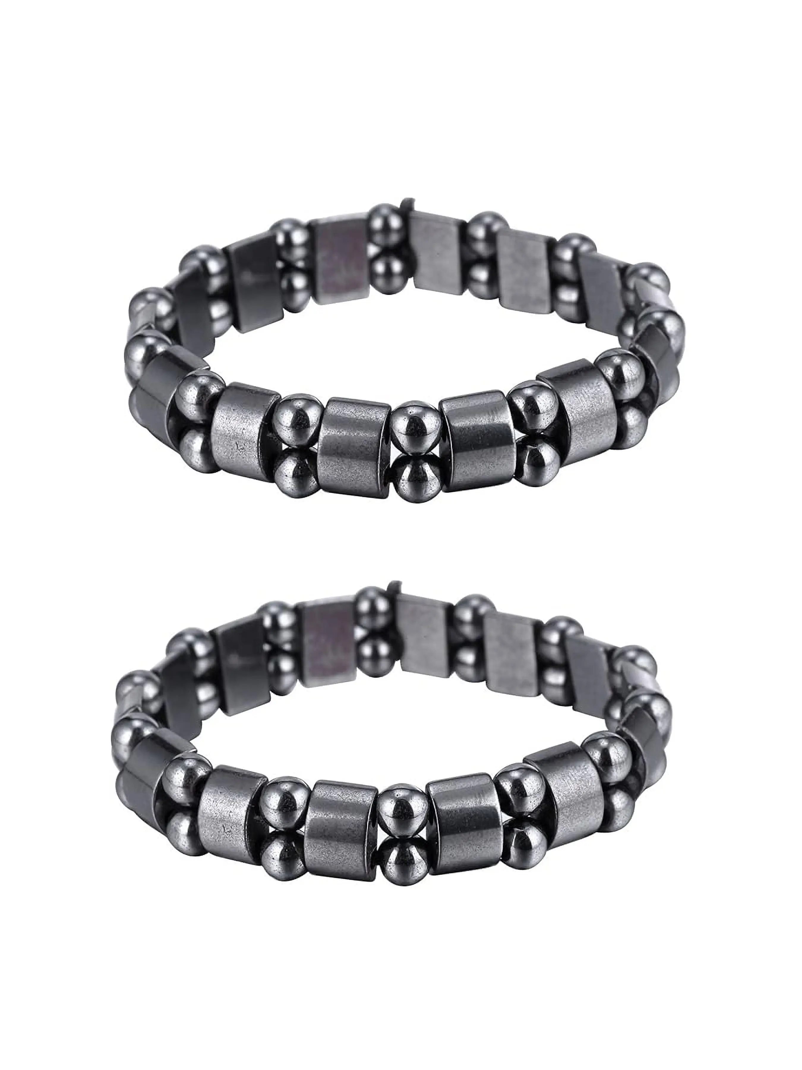 2 Pcs Matte Flat Square Hematite Elastic Beaded Bracelets, Unisex Minimalist Jewelry Set, Casual All-Season Accessory