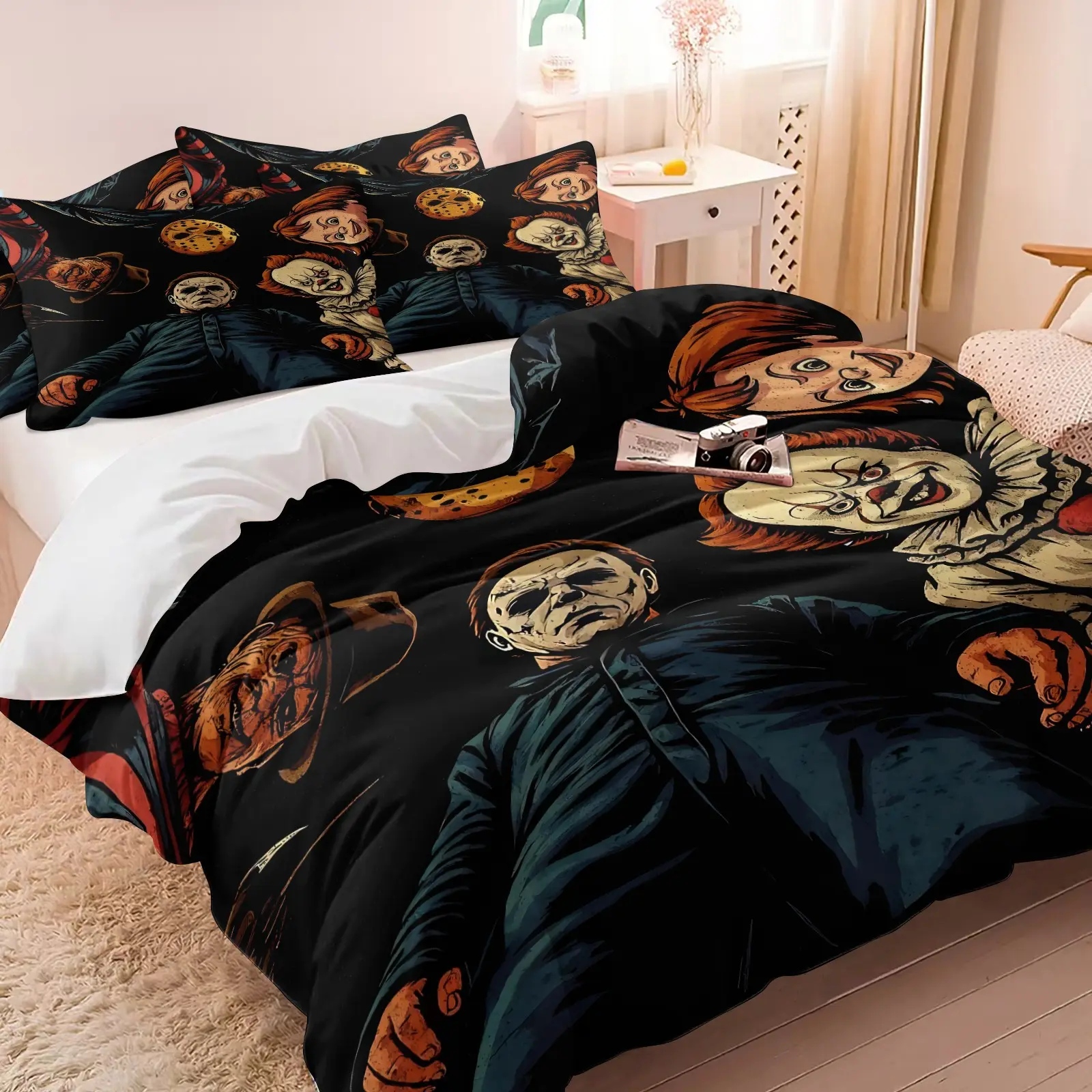 Classic Horror Villain Hand-Drawn Print Duvet Cover Set-1 Duvet + 1-2 Pillowcases-Thriller Retro Illustration Style-Soft Comfort Bedding-Ideal for Movie Fans Bedroom Dorm Gaming Room Halloween Home Decor