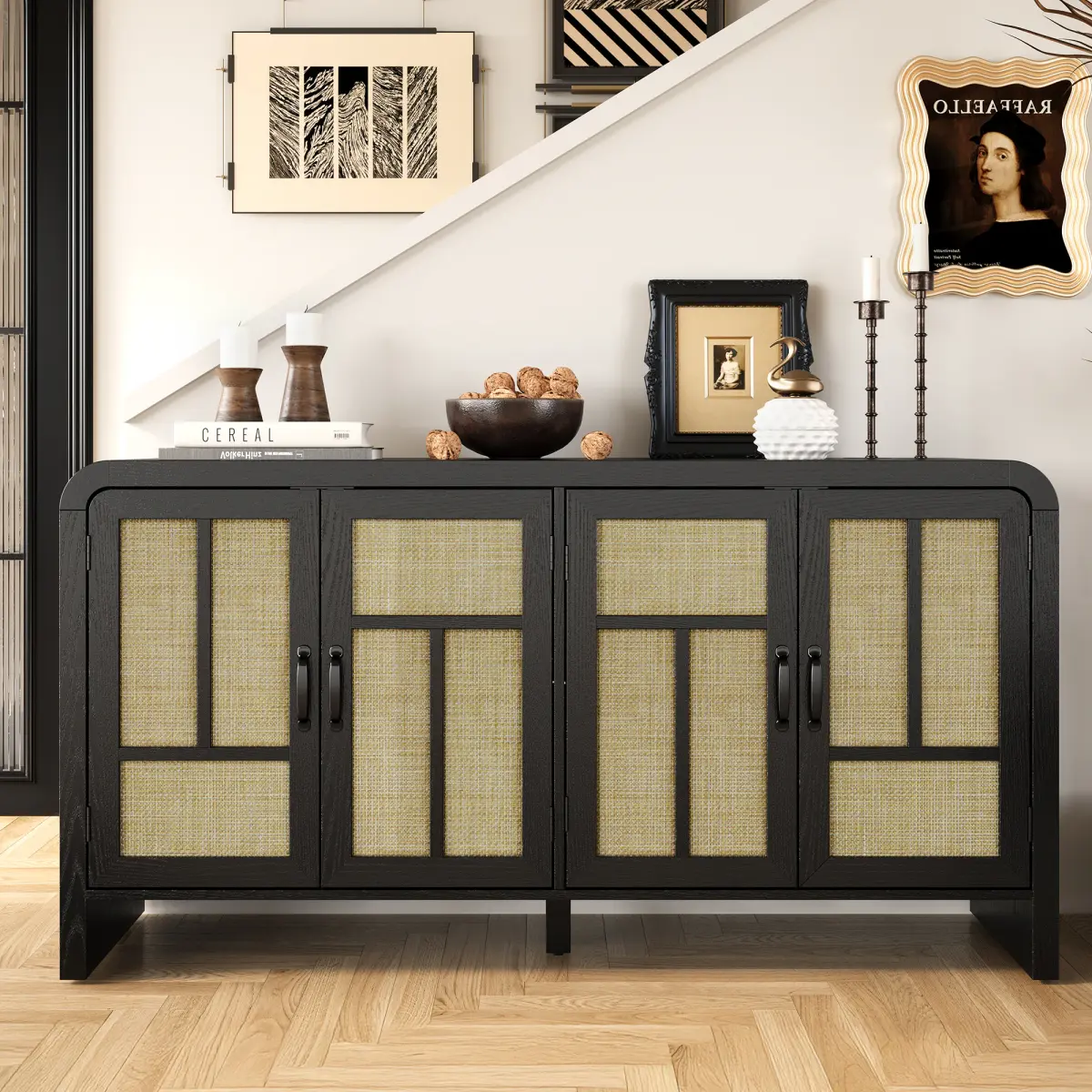[Bellemave]Rattan Sideboard Buffet Cabinet with Storage, 59'' Large Boho Storage Cabinet with 4 Doors and Adjustable Shelves, Black Wood Console Table for Kitchen, Entryway, Dining Room, Living Room,Black On-Site