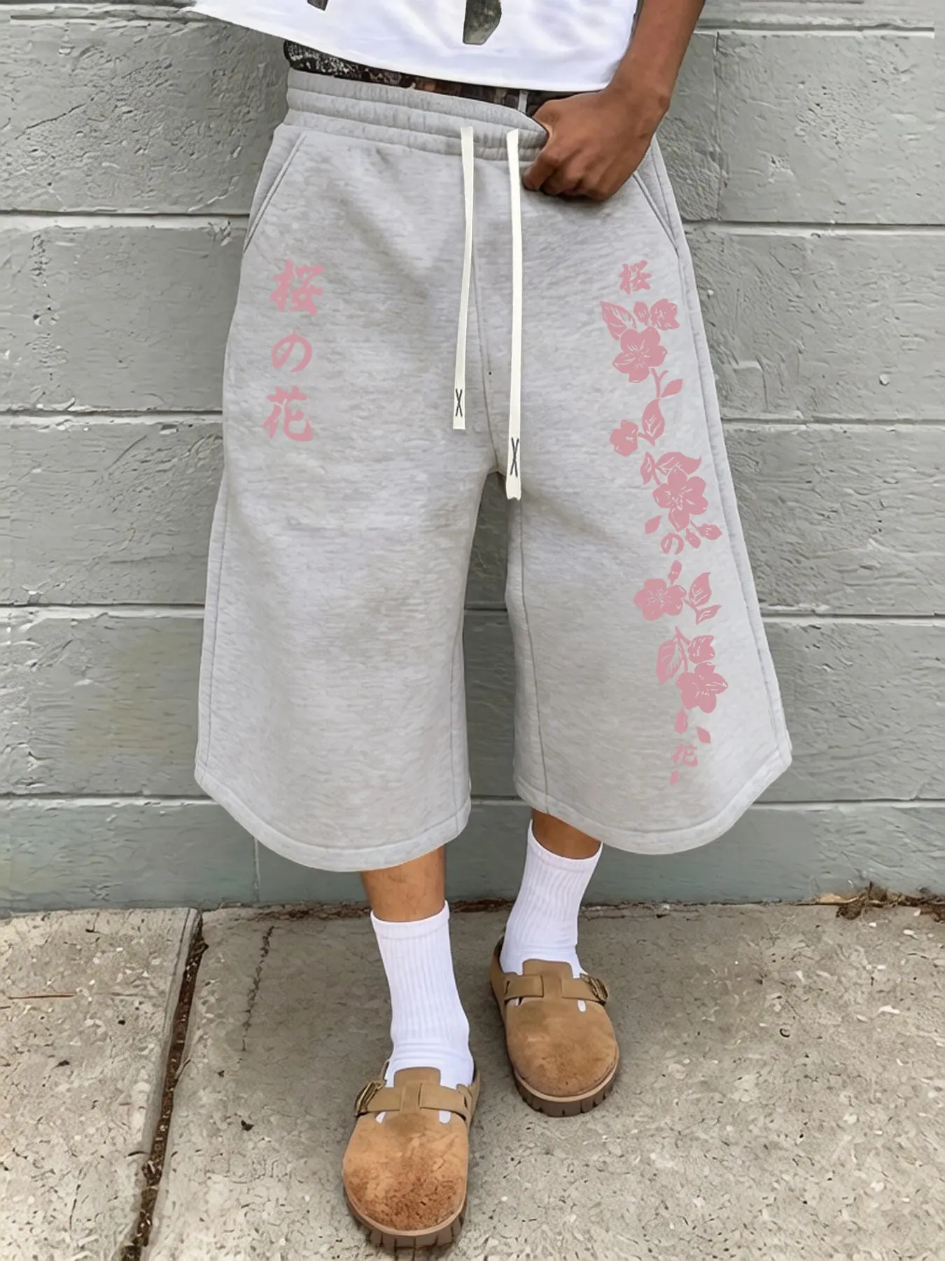 Drawstring Elastic Knee-Length Sweat Shorts, Vertical Cherry Blossom & Japanese Kanji Sakura Print, Wide Loose Fit, Soft Fabric Japanese Street Bottoms for Skate Daily Casual Street Matching Outfits#JapaneseStreetShorts #SakuraPrintBottoms #KanjiGraphicPa