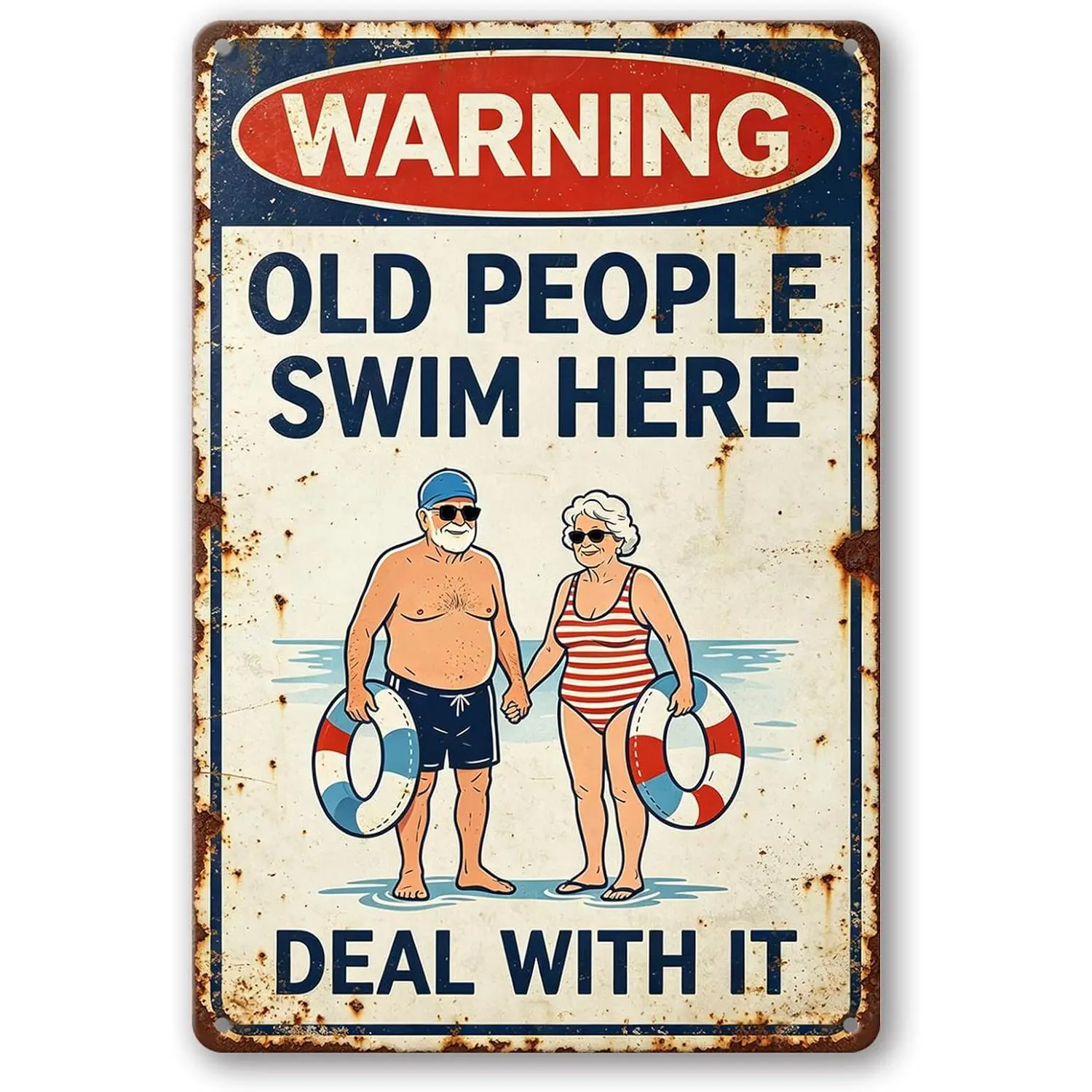 Humorous Pool Warning Sign with Playful Art & 12x8 in Aluminium Construction, "Old People Swim Here Deal With It" Text, Indoor-Outdoor Backyard Pool Wall Fence Novelty Decor