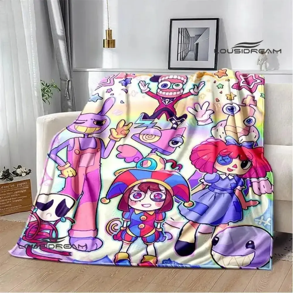 Digital Circus Print Flannel Cooling Throw Blanket - Polyester, Durable, Soft, Lightweight, Cozy, Foldable, Machine Washable, Unisex, Matching Bedding Cover Set, Travel Lining, Garden Use, Non-Customized, Ideal Birthday Gift for Cartoon Lovers