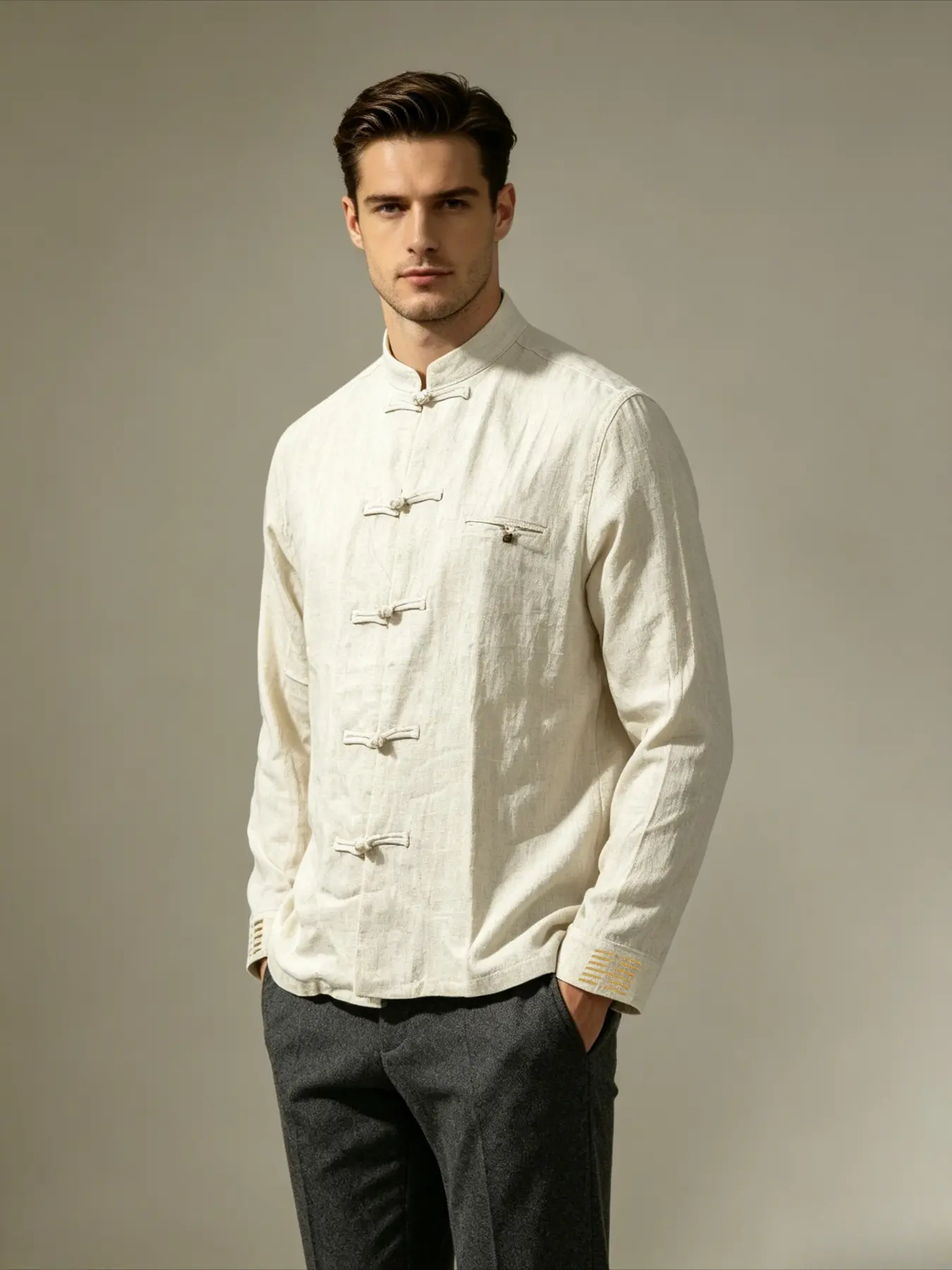 Chinese Jacket Shirt Mandarin Frog Front Chinese Style Men Long Sleeve Vintage Stand Collar Loose Shirts, Menswear Clothing