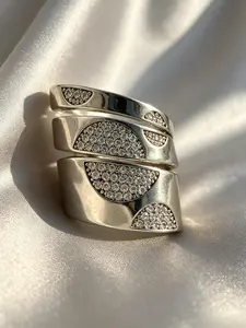 Wide Band Open Cuff Statement Ring for Women, Curved Copper Band Paved Shiny CZ Zircon, Adjustable Stackable Fashion Jewelry, Perfect Gift for Her for Daily Party Wedding Anniversary