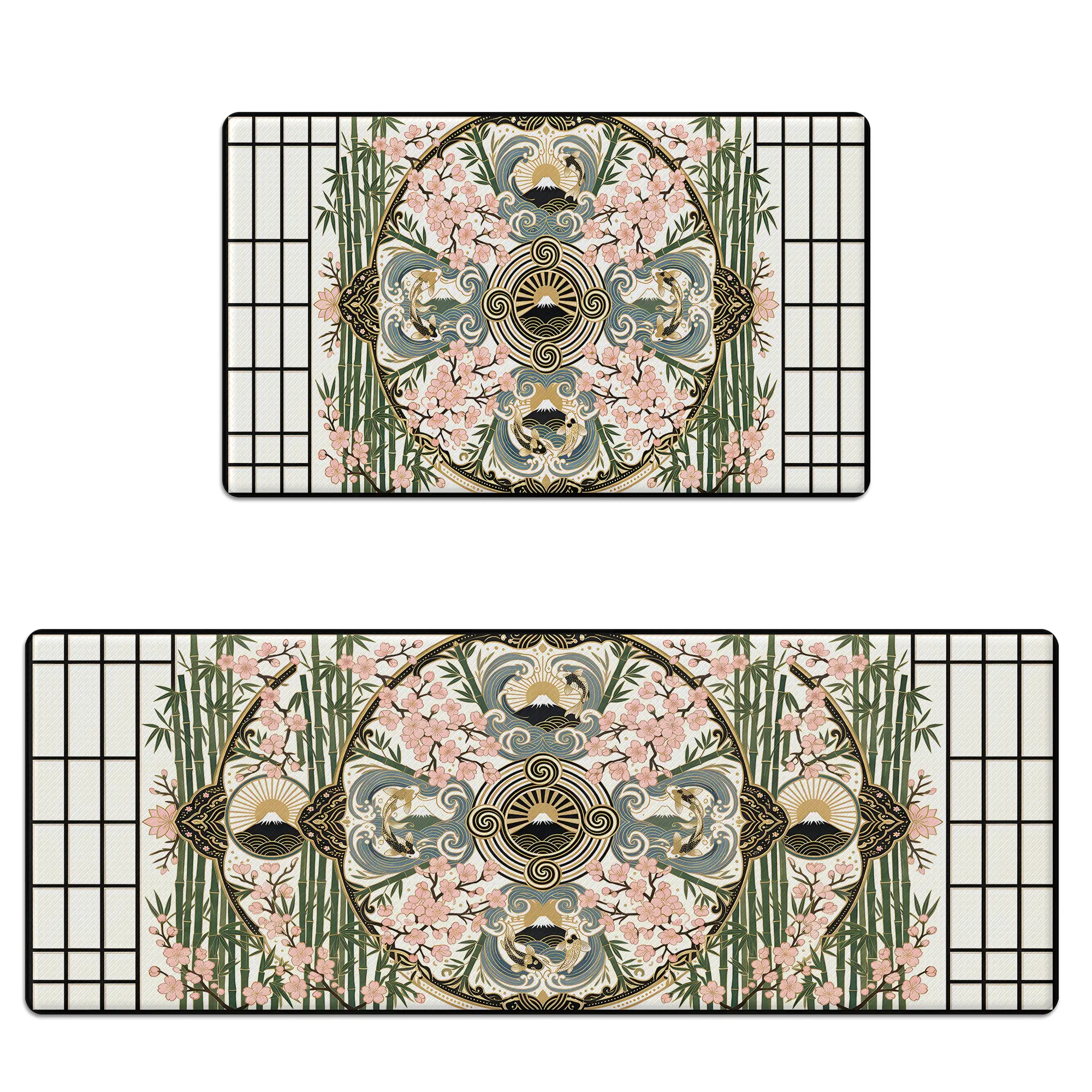 2-Piece Kitchen Floor Mats Set (2 Mats) - Anti-Fatigue Memory Foam Kitchen Rugs, Non-Slip, Scratch-Resistant, Waterproof, Japanese Cherry Blossom & Mt Fuji Motif, Two Mats