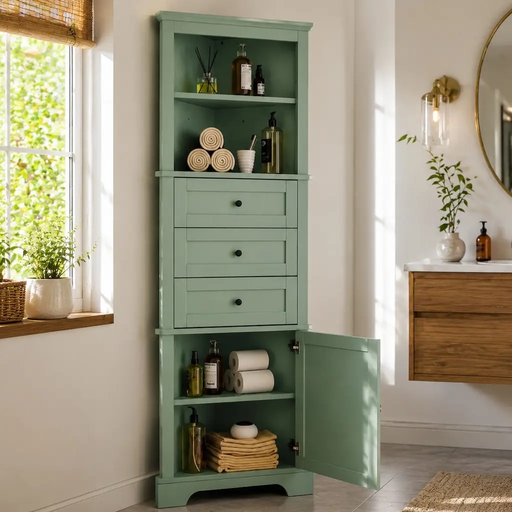 Triangle Corner Cabinet - MDF Board with Painted Finish, 3 Drawers, Adjustable Shelves, Indoor Cupboard for Bathroom, Kitchen, Green