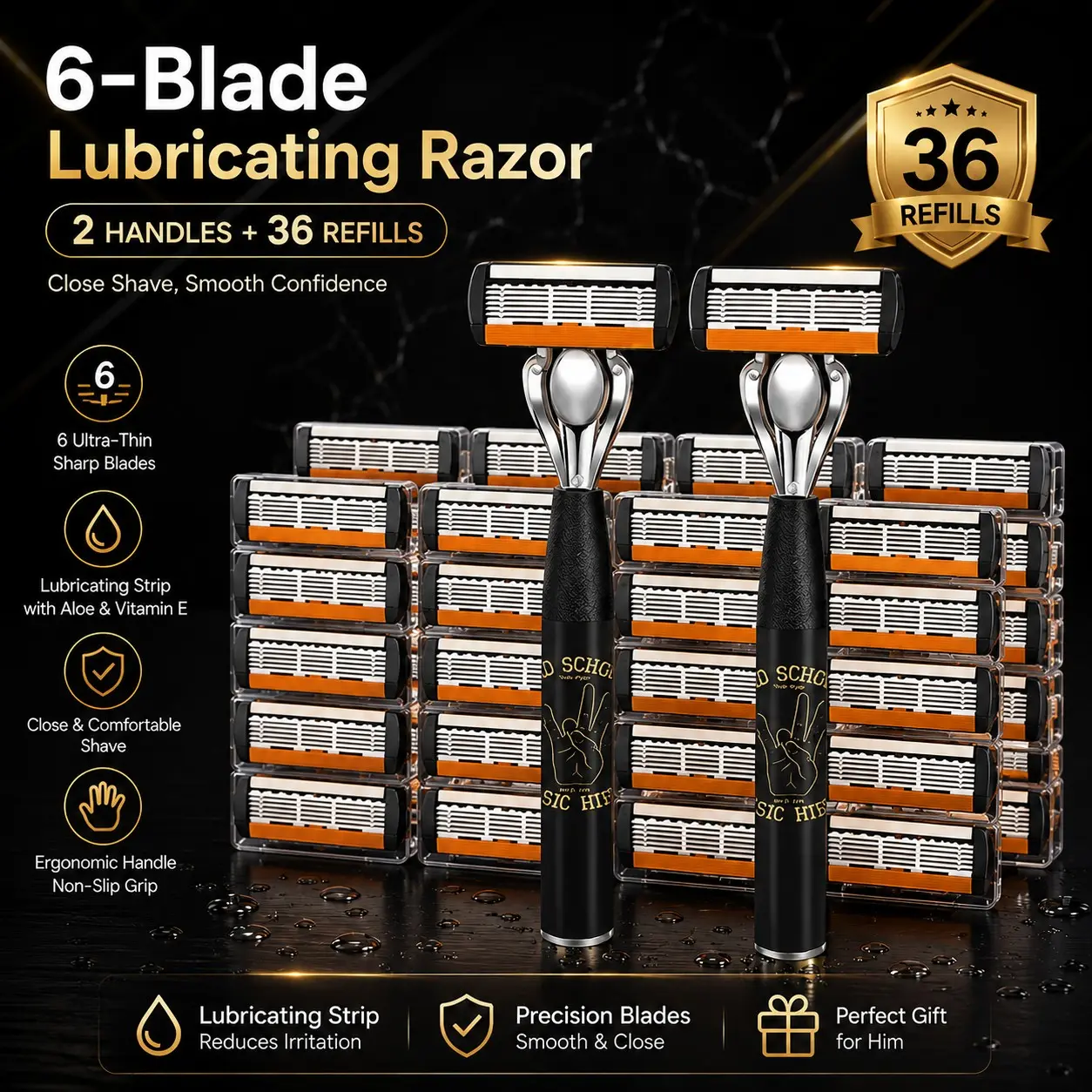 Men's 6-Blade Shaving Set, Shaving Products, 2 Premium Stainless Handles, 36 Replacement Blades, Smooth Shave, Ergonomic Non-Slip Handle, Durable Sharp Blades, Travel Friendly Kits