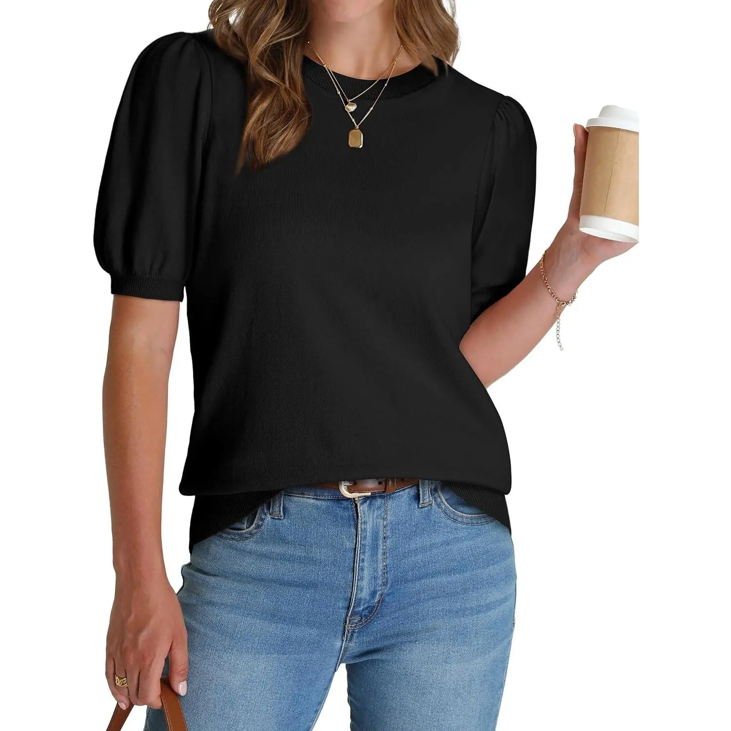Women's Puff Short Sleeve Sweater 2026 Spring Summer Tops Trendy Business Causal Outfits Work Blouses Clothes