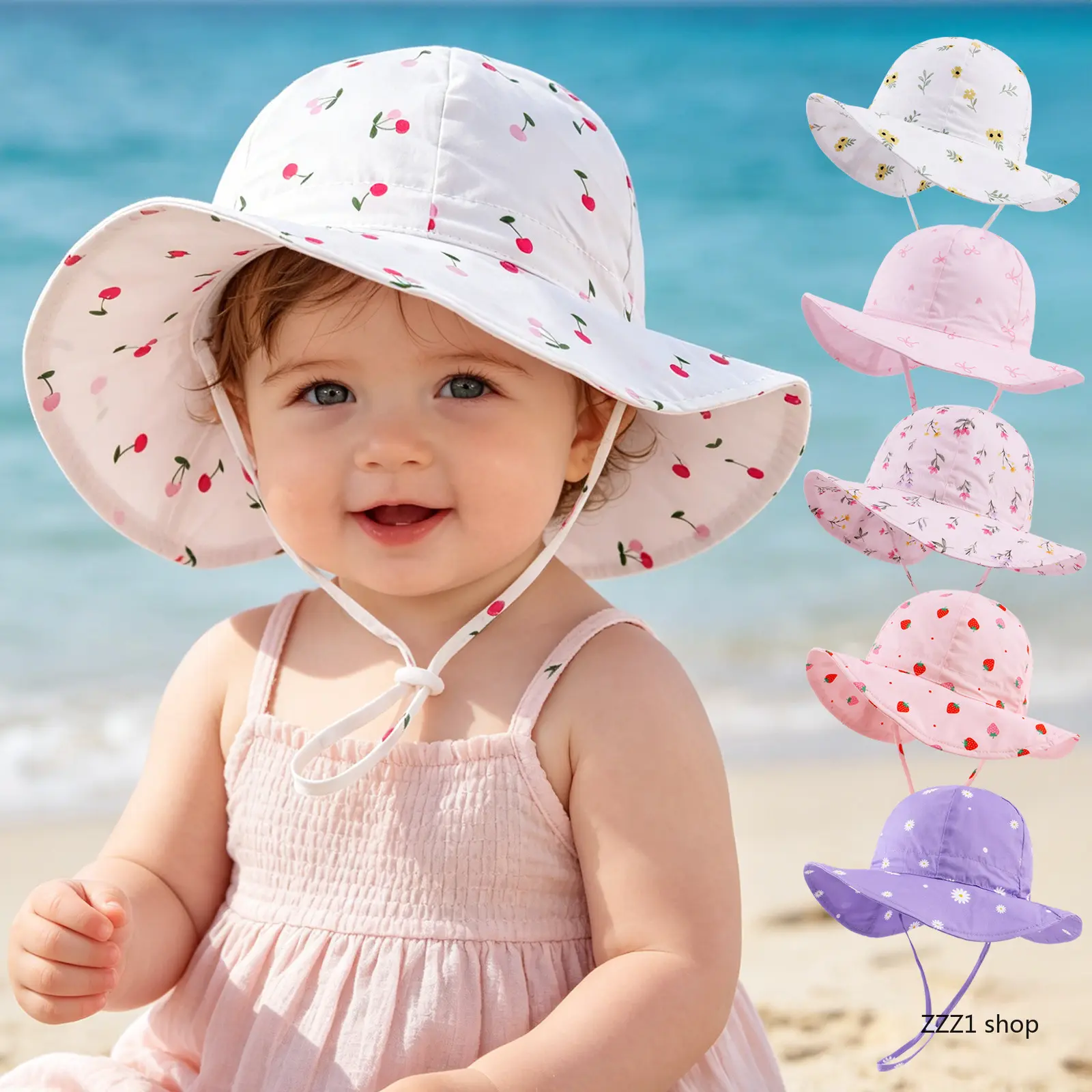 Toddler Wide Brim Bucket Beach Hat, Adjustable Chin Strap, Cute Floral Printed, Packable Infant Summer Sun Protection Cap, Bucket Hat, #4 Light Pink Floral, Casual
