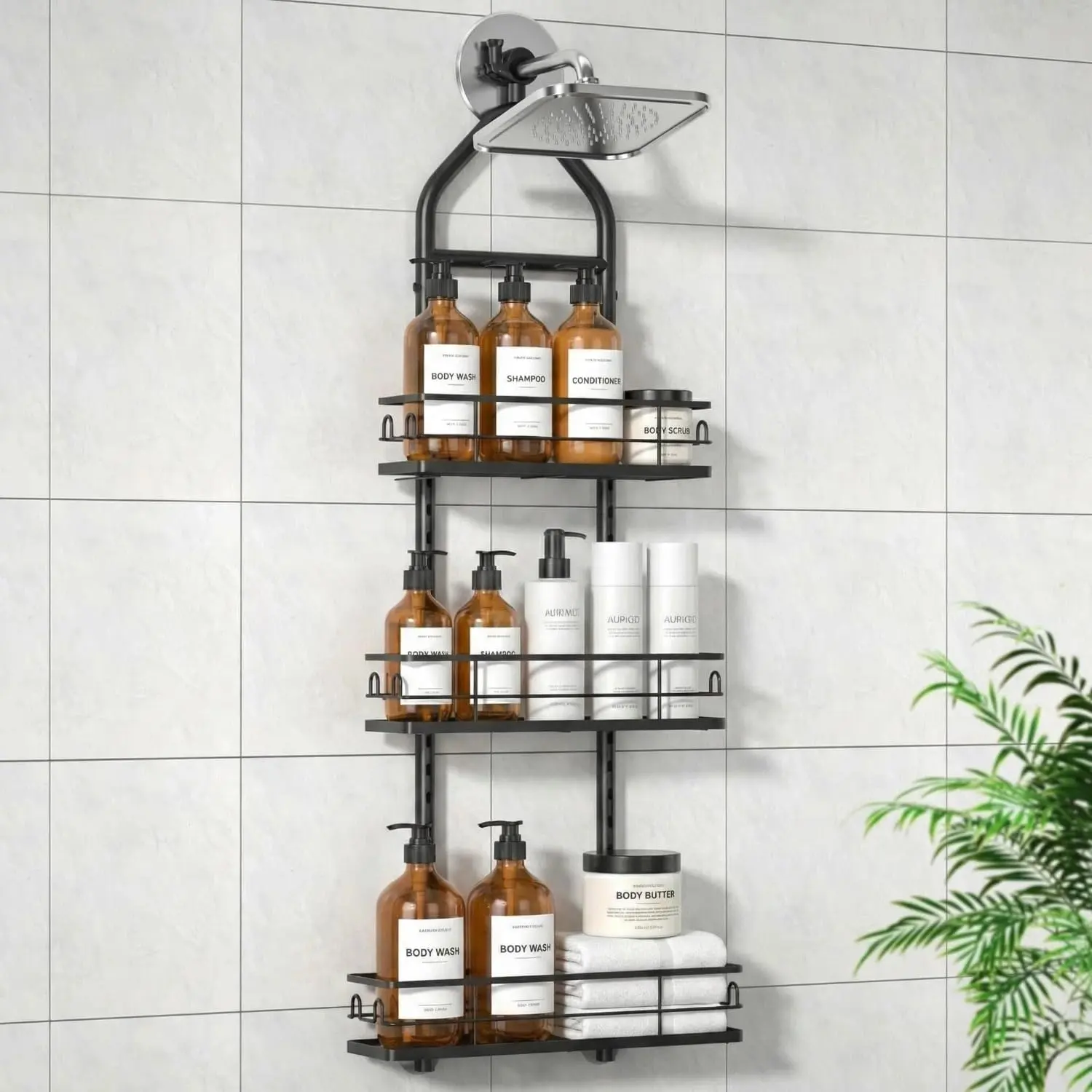 3 Tier  Shower  , Adjustable  Shower  Over Showerhead, Standing Shower  No Drilling  Racks Rustproof for Bathroom Shampoo Soap Storage