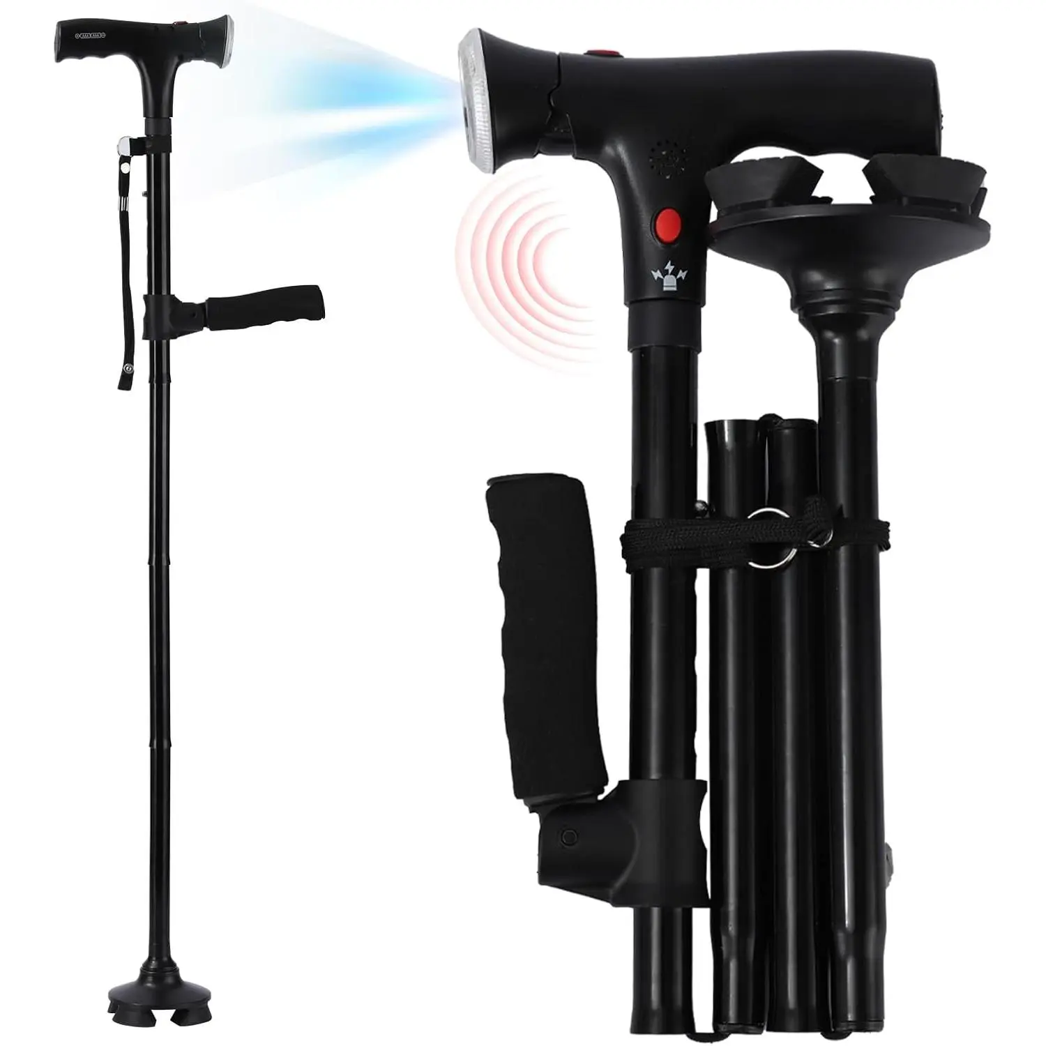 Folding Walking Cane 3-in-1 Adjustable Collapsible Free Standing with Alarm and Light for Men Women Seniors 5'8 - 6'3