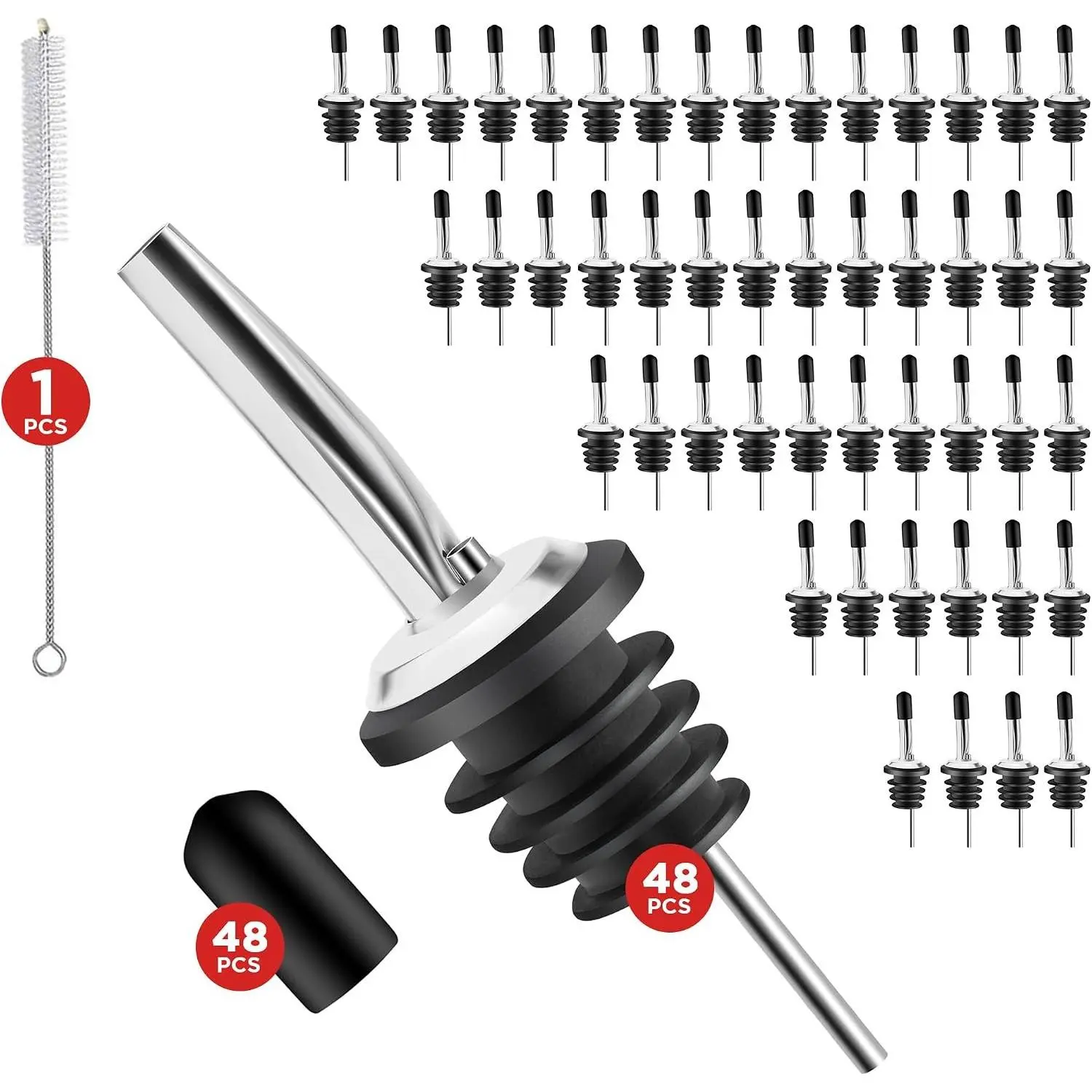48 Pack Stainless Steel Bottle Pourers for Alcohol, Liquor, and Wine - Bar Accessories, Spouts for Bottles and Dispensers