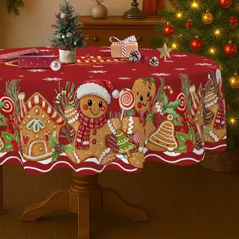 Christmas Tablecloth, Santa Hat Scarf Bow Design, Winter Gingerbread Cottage, Home Kitchen Restaurant Garden Decor, No Power Needed