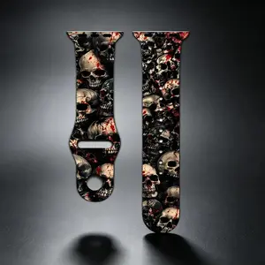 Horror Blood Skull Print Silicone Watch Band Compatible With Apple Watch Dark Gothic Skeleton Full Pattern Sport Replacement Strap Metal Buckle iWatch Wristband Punk Halloween Accessory For Men