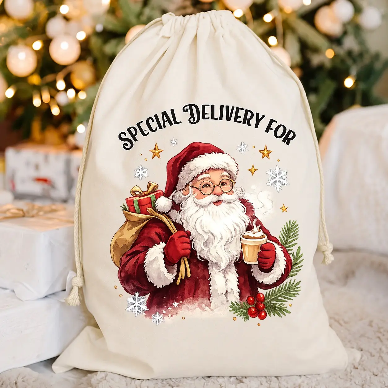 Santa Claus Drawstring Christmas Sack, 30 X 40 Cm Holiday Present Bag, Special Delivery Design, Christmas Gift Packaging, Party Decoration