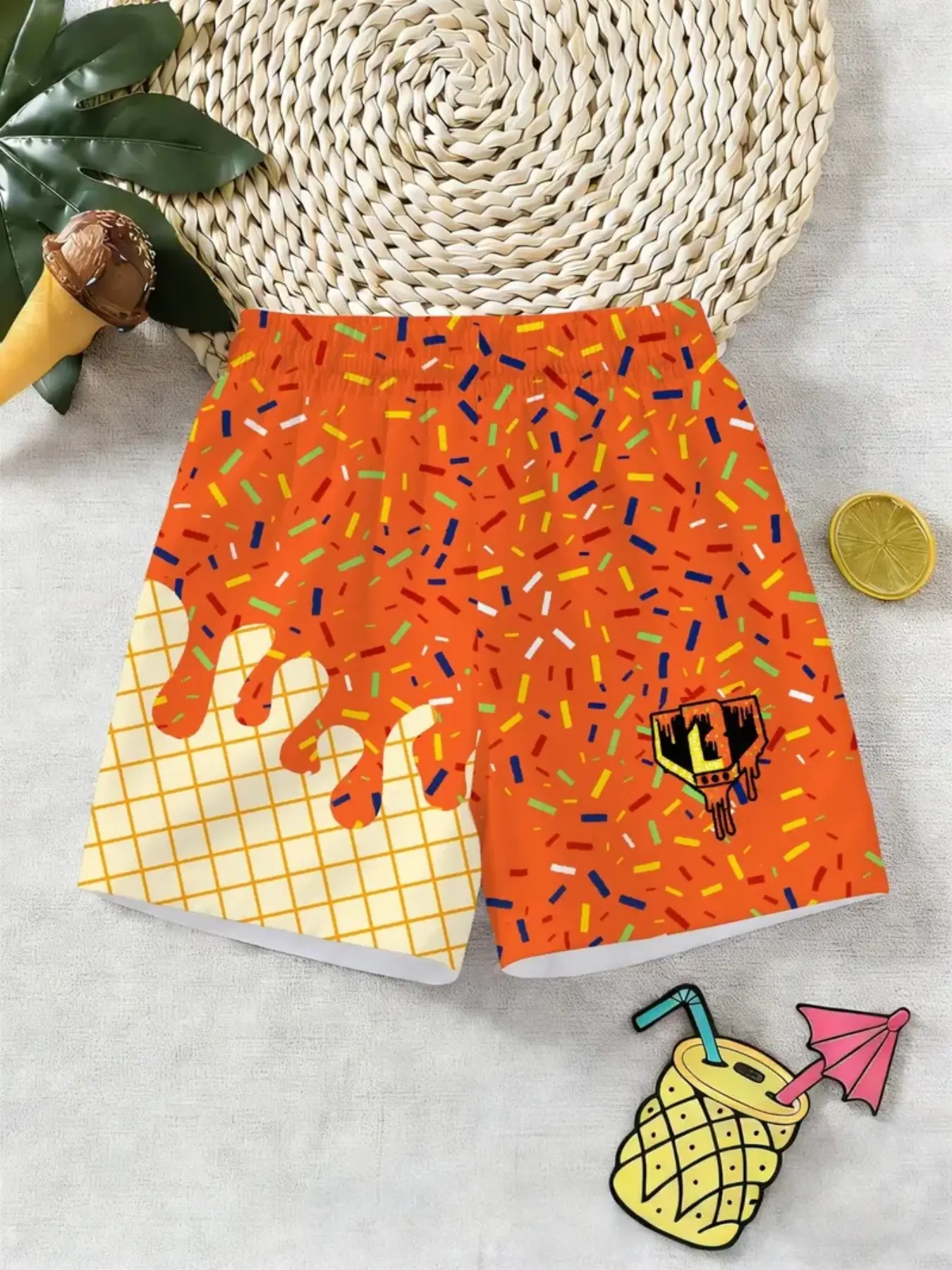Ice Cream Sugar Sprinkle Print Kids Shorts, Graphic Shorts, Cartoon Melting Pattern Boys' Casual Sports Pants, Slim-Fitting Short Hem