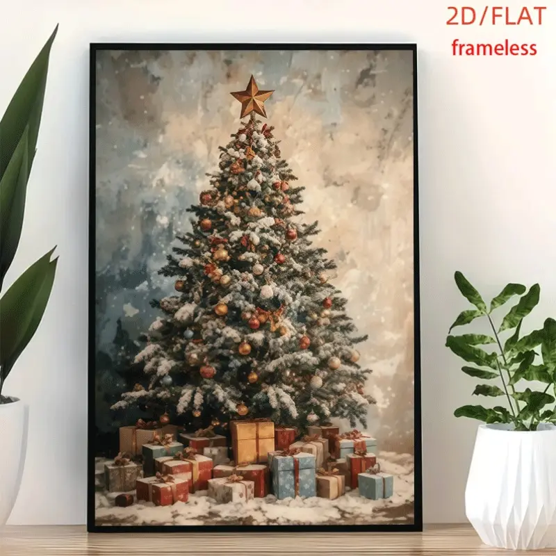 frameless Gilded Snow Christmas Tree & Gifts Art Decor Print Poster, Wall Art for Living Room, Bedroom, Office, Dining Room & Bar, Perfect Gift & Home Decor, 12in x 16in
