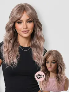 18-Inch Rose Gold Synthetic Fiber Wig, Wavy Curly Design with Side Bangs, Perfect for Daily Wear and Parties, All Seasons