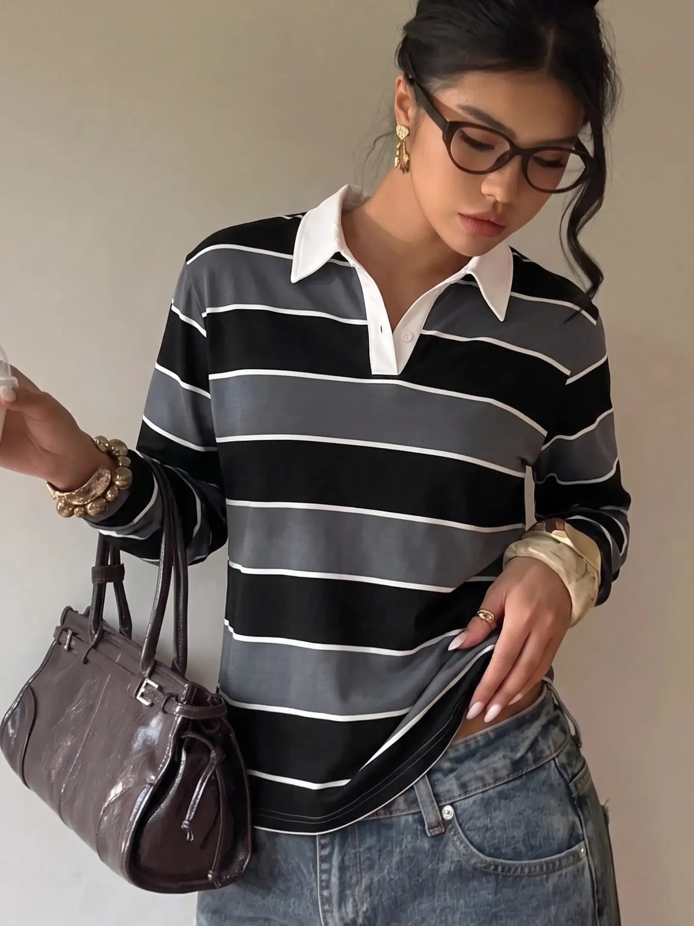 Women Y2K Black Grey White Striped Contrast Collar Polo Long Sleeve Top, Casual V‑Neck Button Placket Loose Fit Blouse, Preppy Retro Streetwear Shirt, Soft Lightweight Daily Tees, For Campus Outfit, Dating, Shopping, Office, Travel, Leisure Going‑Out Tops