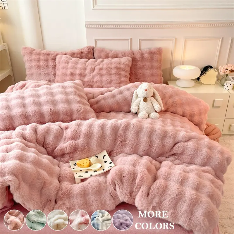 Luxurious Rabbit Fur Look Comfy Bedding Set, Ultra Soft Plush Solid Color, Includes 1 Duvet Cover and 1/2 Pillowcases, All Seasons