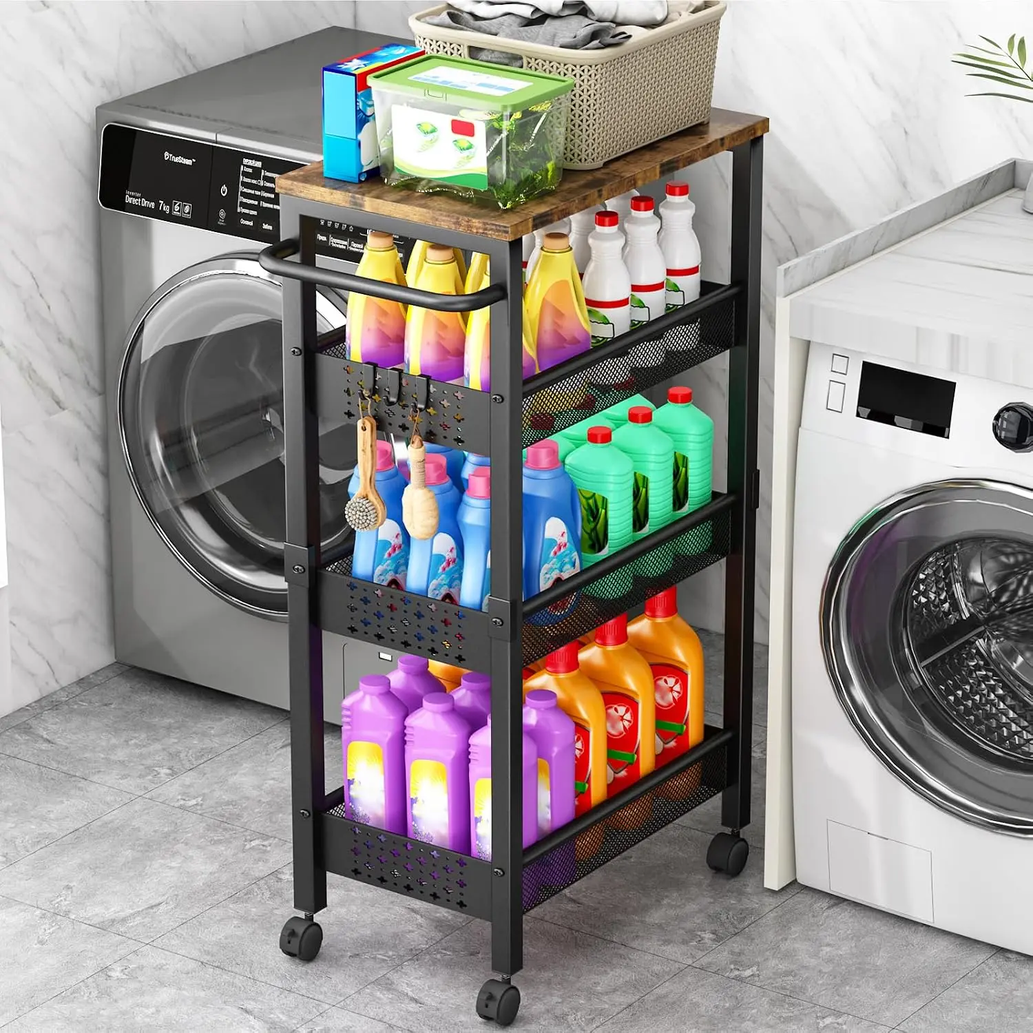 4-Tier Metal Frame Rolling Utility Cart with Rolling Wheels, Tiered Rack for Laundry Room Organization & Utility Storage