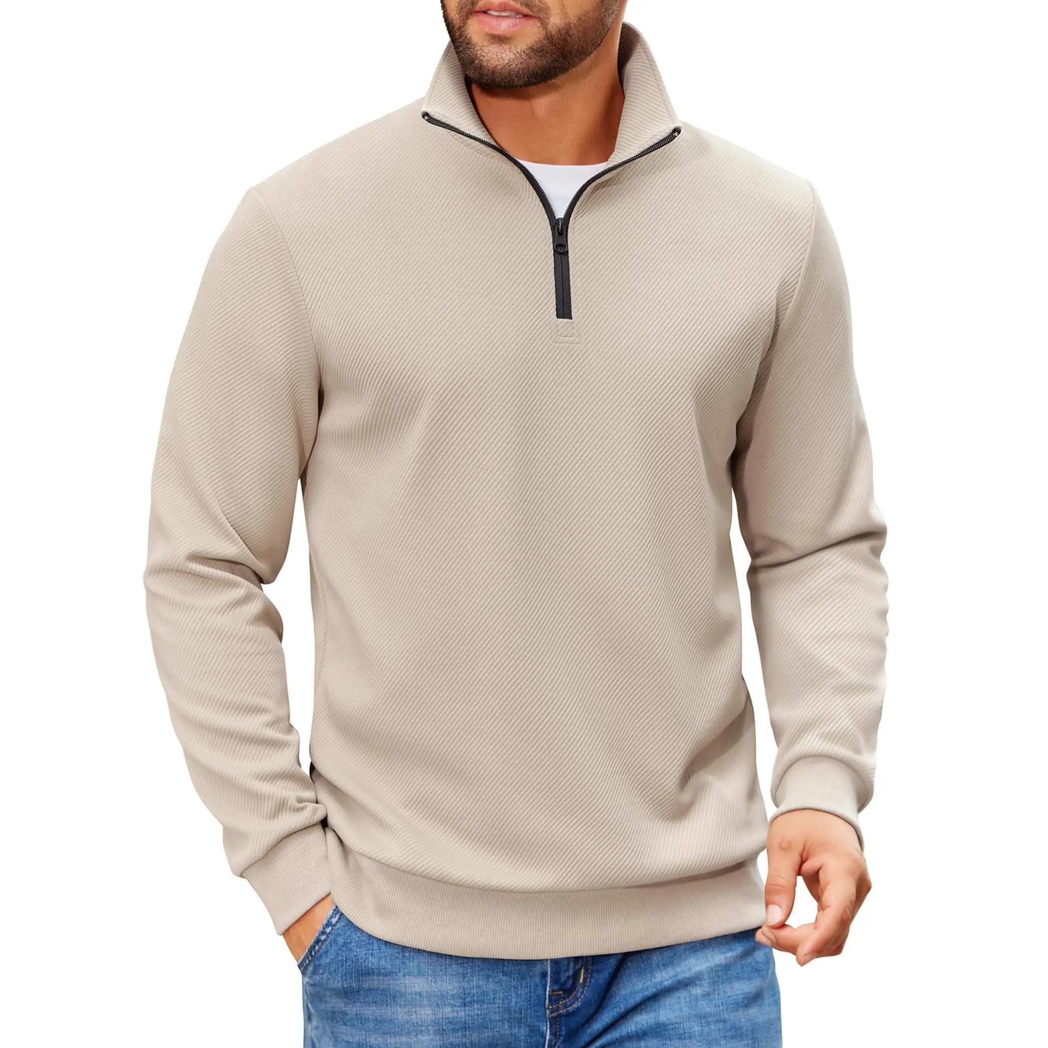 COOFANDY Men's Quarter-Zip Pullover Sweatshirt - Lightweight Long-Sleeve Mock Neck Ribbed Classic Plain Soft Fabric Casual Top for Work, Pair with Jeans, Linen