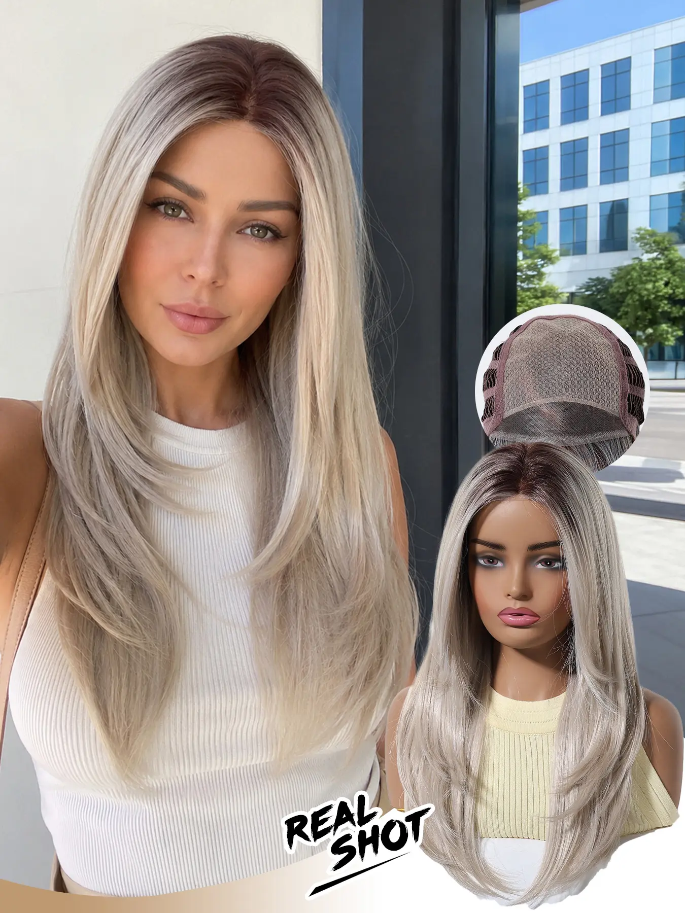 Women's Full Wig, Straight Hair, Light Gold Highlights, Natural Parting, Breathable, Lightweight, Daily Wear, Versatile Hairpiece, Synthetic Wigs